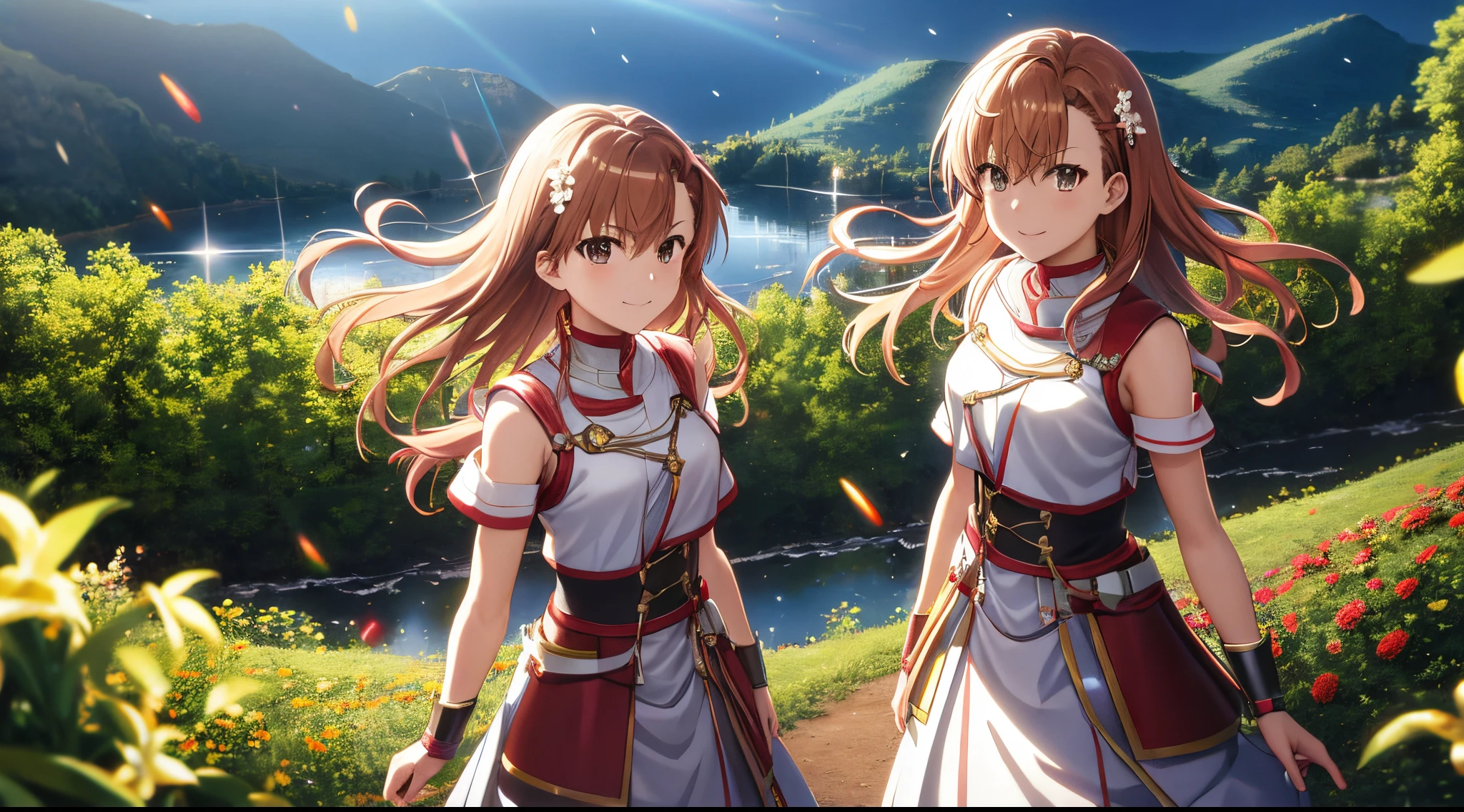 Anime view of Misaka mikoto, 1girl, teen girl, kawaii, solo, chestnut hair, hairpin,brown eyes, standing, looking at viewer,smile,saint seiya armor,praying beads on neck, long skirt,flower fields in greek Acropolis waterfalls,rainbow clouds,anime style,deep depth of field,wide angle view,Lumen Reflections,Screen Space Reflections,Diffraction Grading,Chromatic Aberration,GB Displacement,Scan Lines,Ray Traced,Anti-Aliasing,FXAA,TXAA,RTX,SSAO,Shaders,OpenGL-Shaders,GLSL-Shaders,Post Processing,Post-Production,cell Shading,Tone Mapping,CGI,VFX,SFX,insanely detailed and intricate, 4K