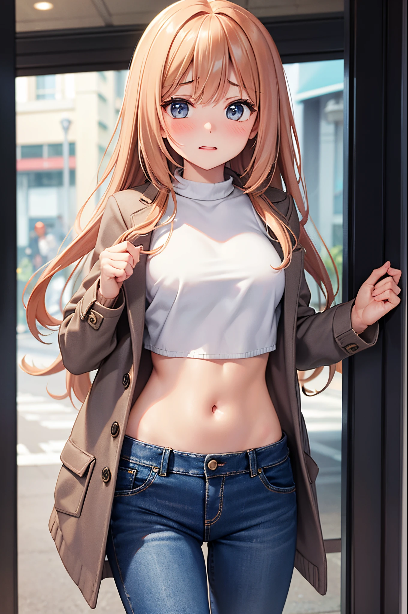 crop top, 1 girl, solo, tummy, long sleeves, blush, embarrassed, medium breasts, jeans, cardigan overcoat