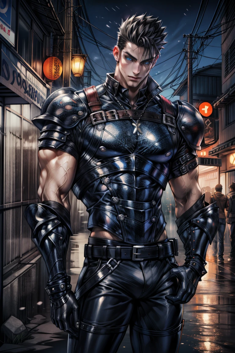 (masterpiece, higres, best quallity), (((solo))), a mature male with black short hair and blue eyes, short black hair, (((pale skin))), blue eyes, modern warrior, modern armor, shoulder strap, black T-shirt, black leather gloves, black mercenary pants, ((perfect male body)), perfect face, ((masculine)), mature male, adult, 1man, night neon city, modern, background, outdoor scenery, serene, symmetry, detailed outfit, pixiv, sharp-focus, photorealistic, super detail, cowboy shot,