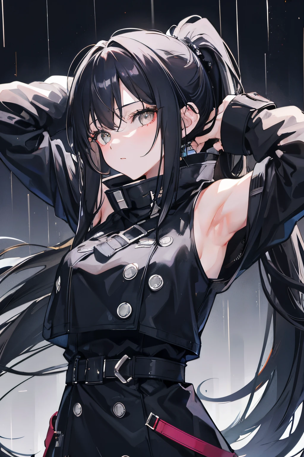 1girl,beaty girl,long hair,ponytail,blackhaiir,armpit,night city,rain,coat,hands on head