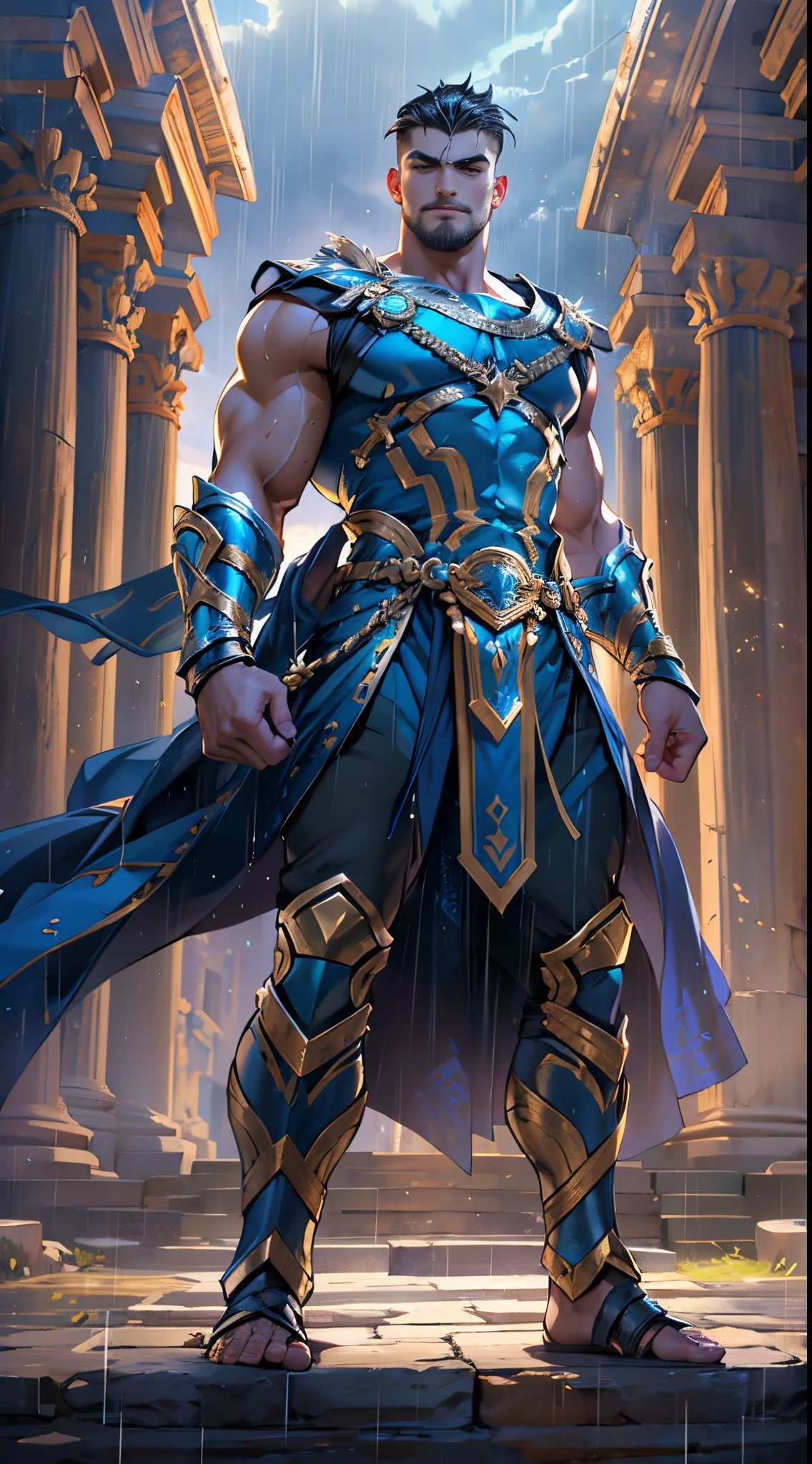a portrait of a Mighty greek warrior demigod, confident smirk, short straight black hair ((shaved on the sides)), wearing a futuristic dark and blue greek armor (very shiny), realistic features, detailed muscular physique, lifelike depiction, 4K resolution. Set Zeus temple in the background, thunder and lighting, rain , vivid colors, epic shot, 32k uhd, best quality, masterpiece, super detail, high details, warrior pose, ((frontal shot)), facing the viewer