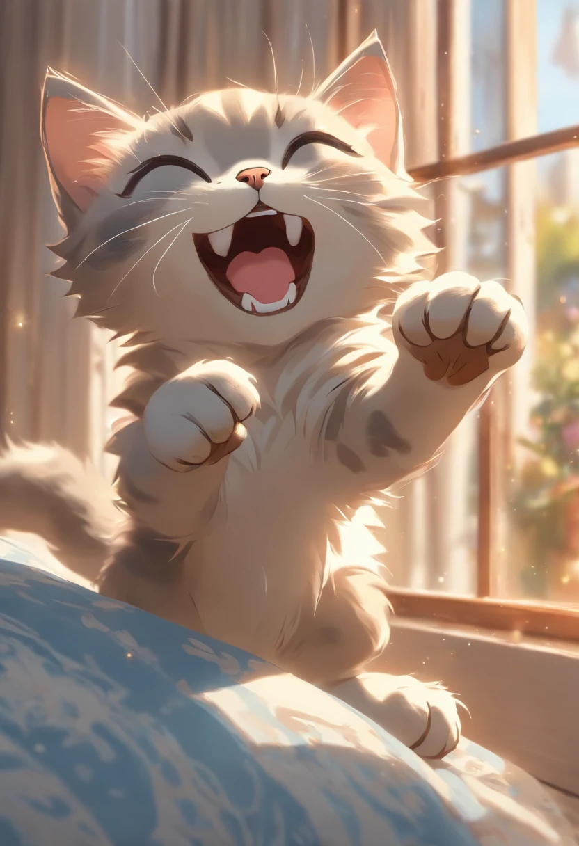 a cute vector of a gray kitten stretching paws out in a yawn on top of a blue pillow along a window pane. anime style, M Jenni style, digital illustration, approaching perfection, highly detailed, smooth, sharp focus, illustration, 4k resolution