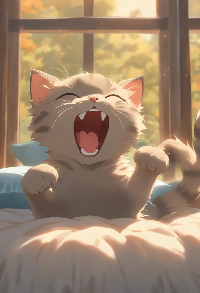 a cute vector of a gray kitten stretching  paws out in a yawn on top of a blue pillow along a window pane. anime style, M Jenni style, digital illustration, approaching perfection, highly detailed, smooth, sharp focus, illustration, 4k resolution