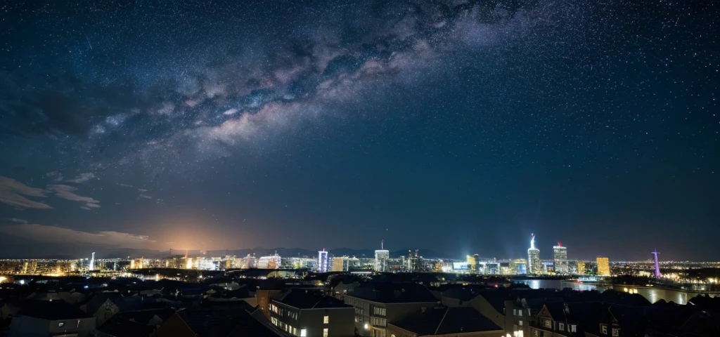 (masterpeice:1.6),(8k:1.6),(photorealistic:1.6),(ultrarealistic:1.6),(best quality:1.6), aerial fireworks, aurora, building, city, city lights, cityscape, constellation, crescent moon, fireworks, full moon, galaxy, light particles, milky way, moon, night, night sky, no humans, planet, scenery, shooting star, sky, skyline, skyscraper, snowing, space, star \(sky\), star \(symbol\), starry sky, starry sky print, tanabata, tanzaku, telescope, tree, twilight, window