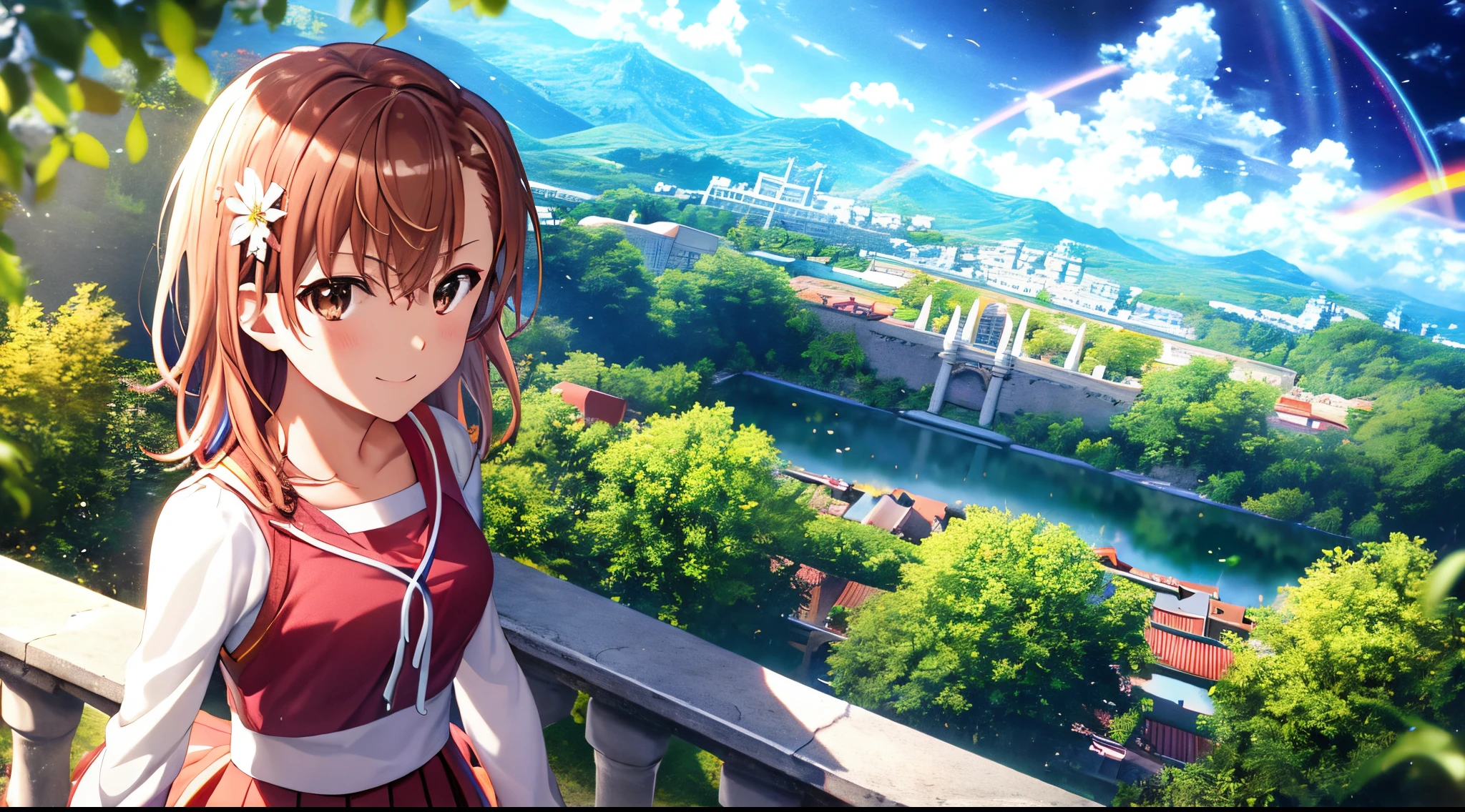 Anime view of Misaka mikoto, 1girl, teen girl, kawaii, solo, chestnut hair, hairpin,brown eyes, standing, looking at viewer,smile,saint seiya armor,praying beads on neck, long skirt,flower fields in greek Acropolis waterfalls,rainbow clouds,anime style,deep depth of field,wide angle view,Lumen Reflections,Screen Space Reflections,Diffraction Grading,Chromatic Aberration,GB Displacement,Scan Lines,Ray Traced,Anti-Aliasing,FXAA,TXAA,RTX,SSAO,Shaders,OpenGL-Shaders,GLSL-Shaders,Post Processing,Post-Production,cell Shading,Tone Mapping,CGI,VFX,SFX,insanely detailed and intricate, 4K