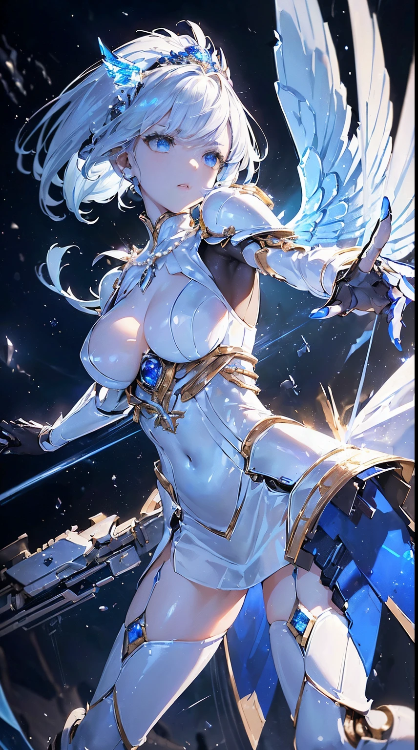 (((masterpiece))), (((highest quality))), ((ultra-detailed)), ((super fine illustration)), ((ultra-fine painting)), (upper body:1.2), Highly detailed and delicate illustration style, detailed skin texture, detailed metal texture, detailed cloth texture, extreme detailed description, (T-masterpiece), (highly detailed face), original, raw photo, professional, Intricate details, super details, intricate ornament details, perfect anatomy, (sexy), (sexy), real, ((Solo)), ((Beautiful female marshal dressed as a mechanical angel)) BRAKE Beautifully shaped small breasts, Beautifully shaped small buttocks, (Beautiful shiny silver hair), (beautiful clear blue eyes), (detailed beautiful clear eyes:1.6) BRAKE ((sophisticated mechanism:1.6))Smooth and menacing design, (Highly detailed and delicate large pearl white Sleek symmetrical mechanical wings:1.3)), ((Extremely detailed and powerful heavy weapon long-range attack mechanical exoskeleton armor dress in sapphire blue and pearl white exclusively for marshals:1.2)) BRAKE concept-art, Detailed Science Fantasy Art, (Battle Pose), ((Highly detailed and dynamic attack pose)) BRAKE (Highly detailed and delicate starry sky), (other world), no robot, (8K highest quality wallpaper), Highly detailed and delicate background BRAKE (NSFW) BRAKE