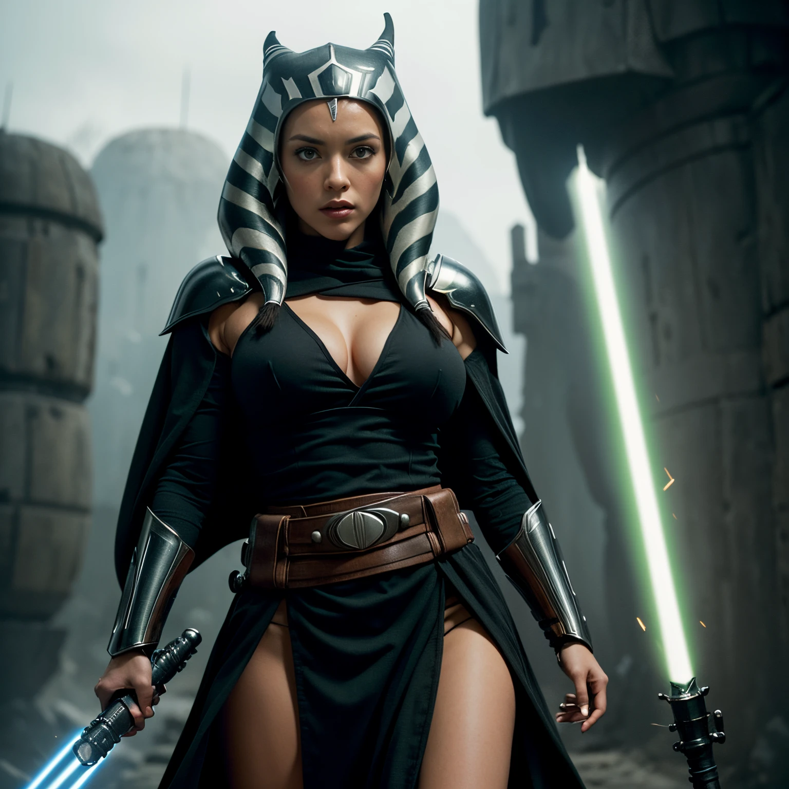 (masterpiece:1.2, best quality:1.2, beautiful, high quality, highres:1.1, aesthetic), detailed, extremely detailed, ambient soft lighting, 4K, perfect eyes, angular face, sharp features, large nose, perfect lighting, 1girl, action scene, lightsaber fighting, lasers, explosions, fire, motion lines, depth of field, masterpiece, best quality, high-definition, armor, busty, (ahsoka tano), dual yellow lightsabers, evil space knight, space ninja, (wearing black robes, black stealth armor, breastplate, tunic, tabard, cowl, cloak, body glove, straps, buckles, skirts, long sleeves, fantasy, ((armor))), ((busty), slender body, thin, slim sexy body, slim waist, (((huge breasts, gigantic breasts)))), Imperial starship, Star Wars,