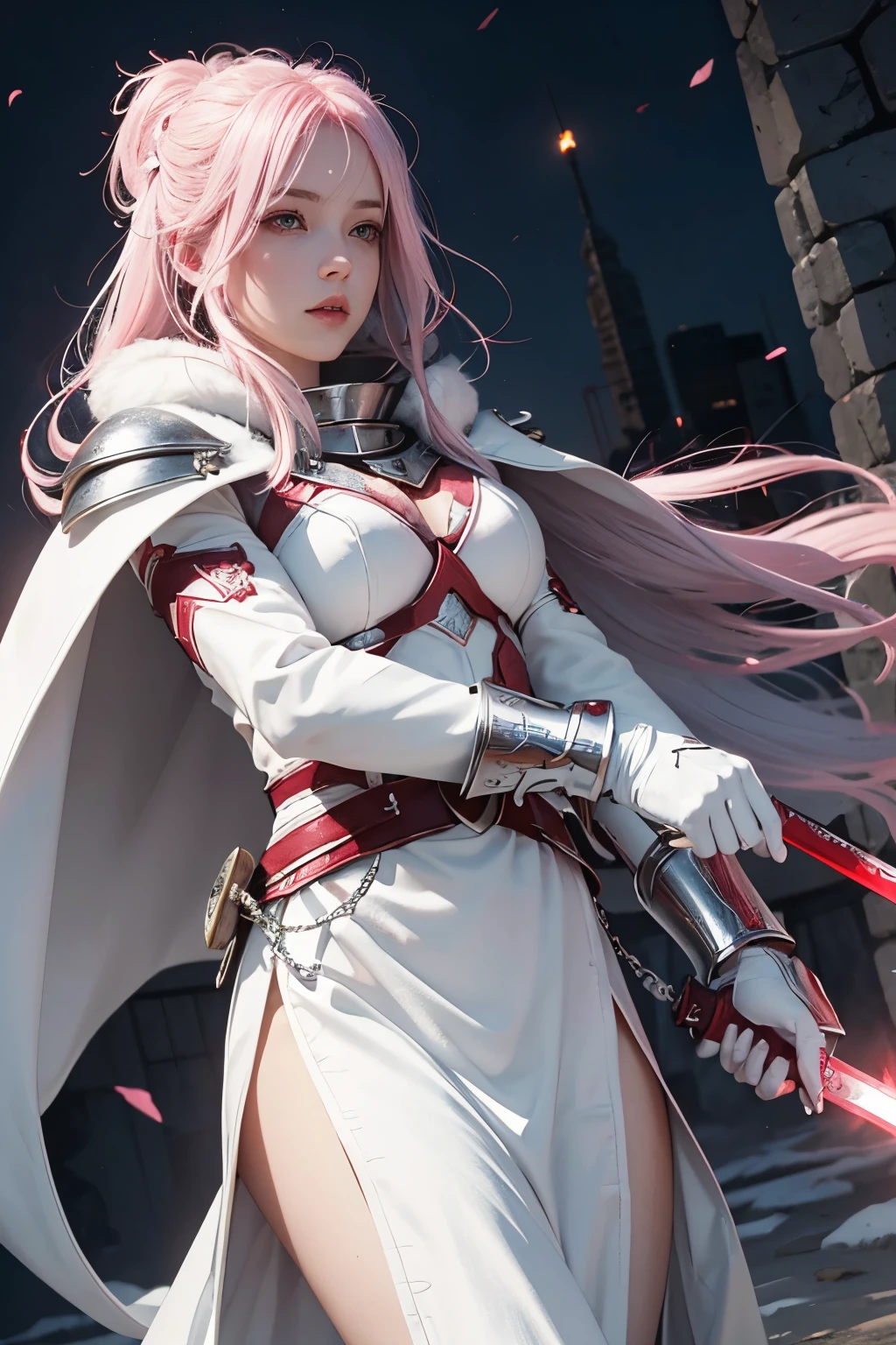 White female warrior Pink hair, silver eye, white armor with silver. Red cloak, long sword, light falling on the reflective armor.