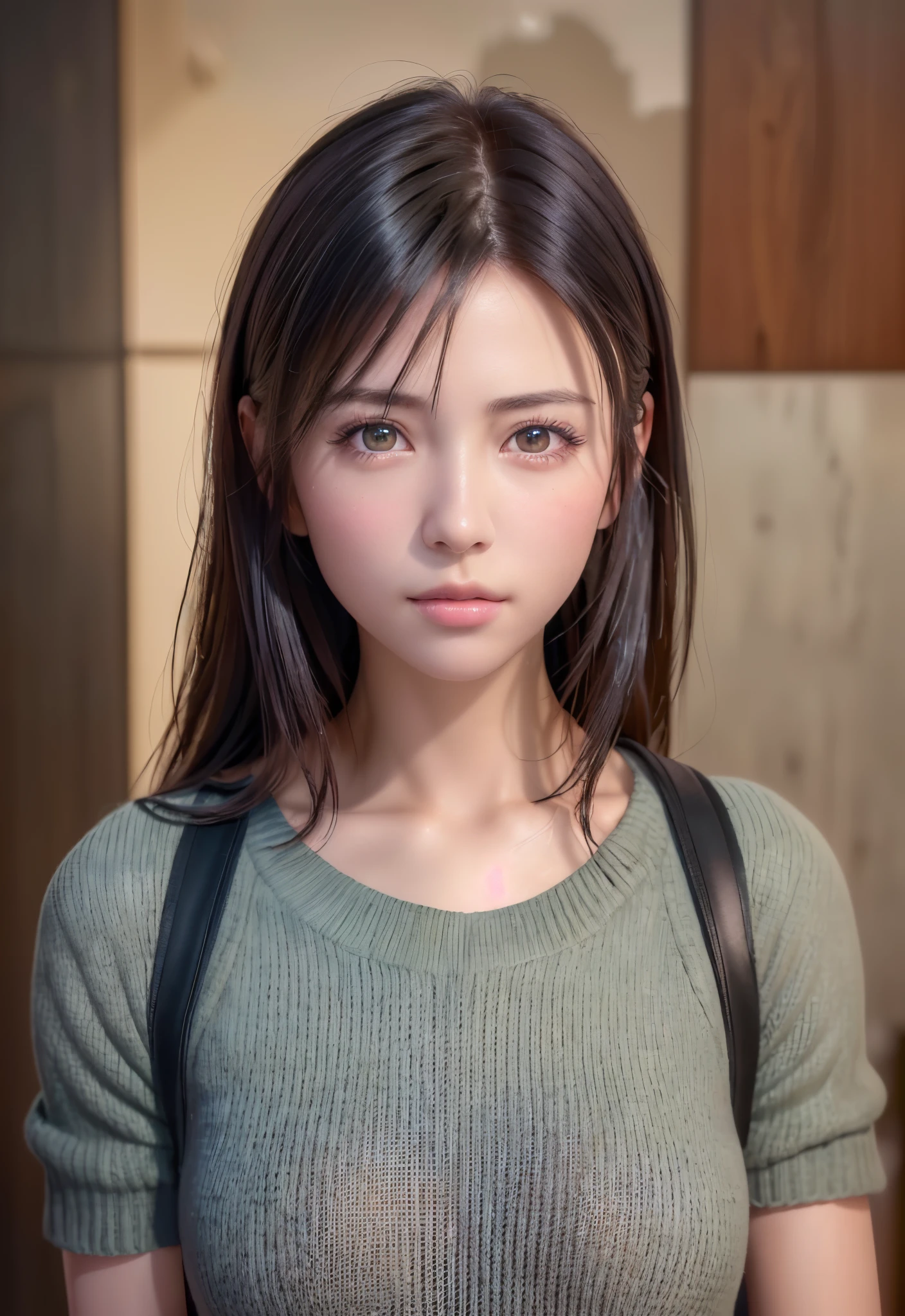 (masutepiece:1.3), (8K, Photorealistic, Raw photo, Best Quality: 1.4), (1girl in), Beautiful face, (Realistic face), (Black hair, Short hair:1.3), Beautiful hairstyle, Realistic eyes, Beautiful detailed eyes, (Realistic skin), Beautiful skin, (Sweaters), absurderes, Attractive, 超A high resolution, A hyper-realistic, Highly detailed, Golden ratio