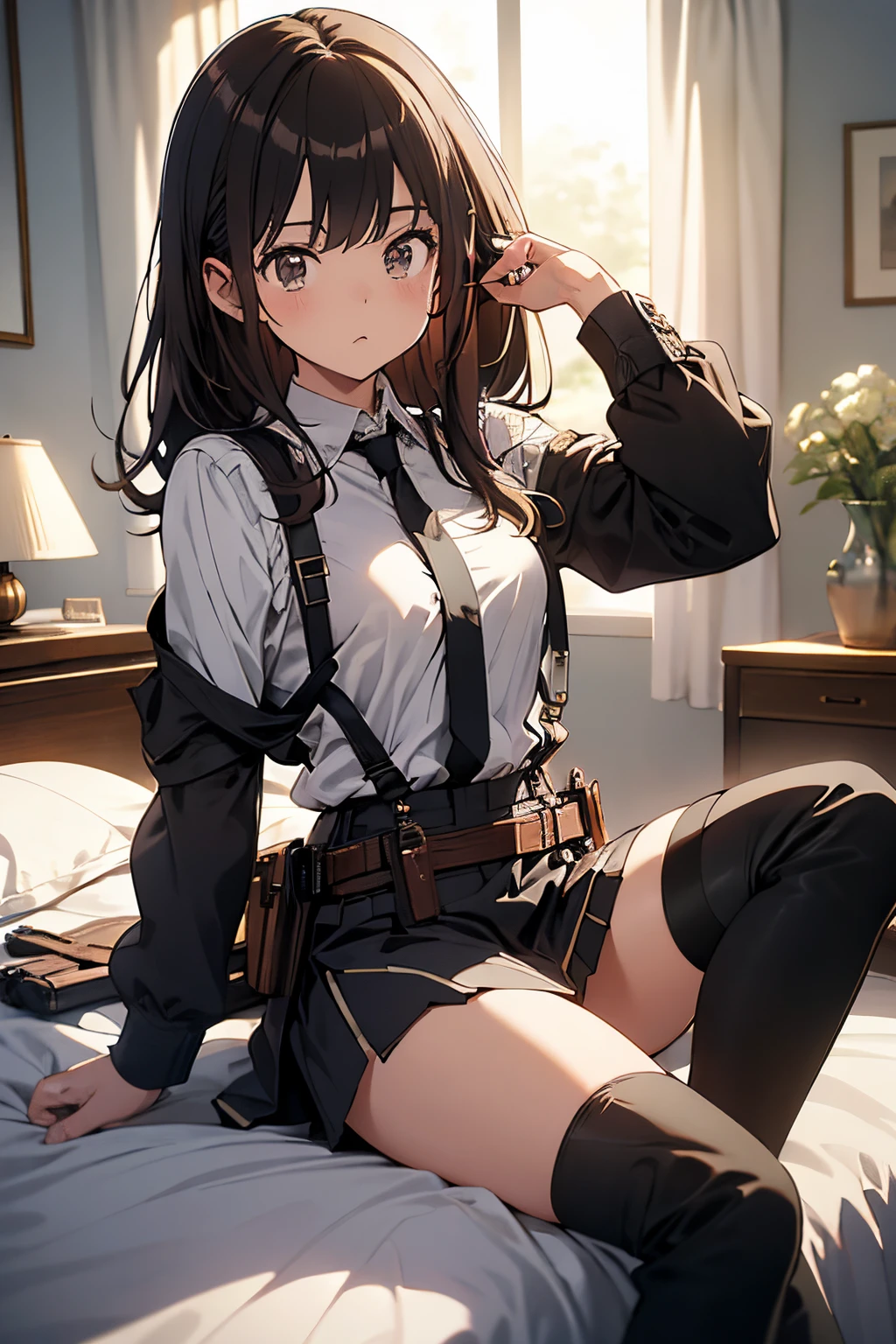 ​masterpiece、flat-colors、depth of fields、lens flare 1 girl、、Brown hair、watching at viewers　　　black suspenders　　　Bulging big breasts　　 　 　　　walls: 　Black miniskirt　garters　　　　　　Gaze　　　Small face　bangss 　　　holster　　Belt Armament　Beautuful Women　srestrained　hands up　Lying in bed　Leg holster lying on the bed　　Gaze 　Black boots