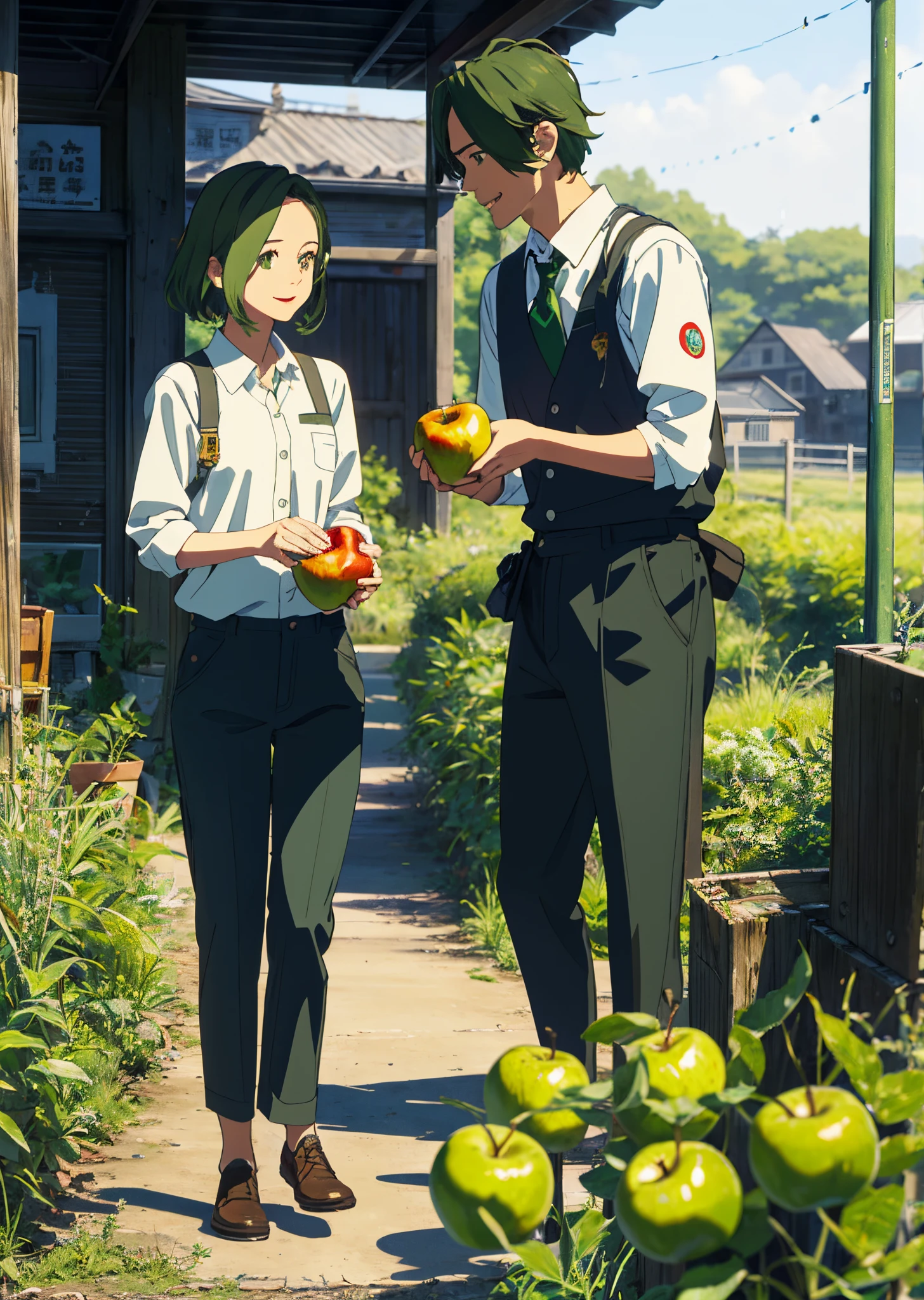 Her hair is dark green and has a slightly curly bob.。A cheerful farmer girl with green eyes。
He is wearing work clothes and hands me an apple.。