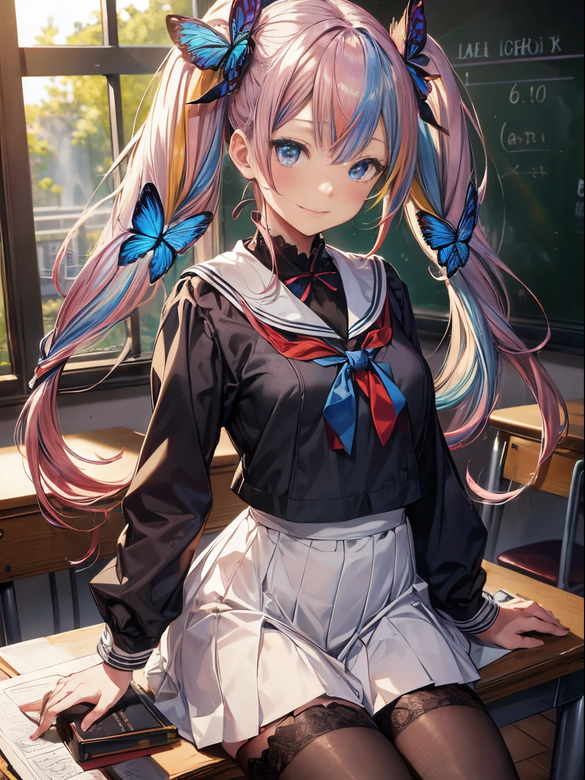 (masutepiece:1.3), (8K, Photorealistic, Raw photo, Best Quality: 1.4), Beautiful face, (Realistic face), Beautiful detailed eyes, (Realistic skin), Attractive, Intricate details,Golden ratio,  1 girl,Naughty smile, (rainbow hair:1.4),((Long twintails,Ribbon 1.4)),Gothic Lolita Fashion,(Blue butterfly hair ornament),a sailor suit、Scribbled blackboard、Dynamic Pose,Dynamic Angle,Intricate details, Hyper realistic, schools、‎Classroom