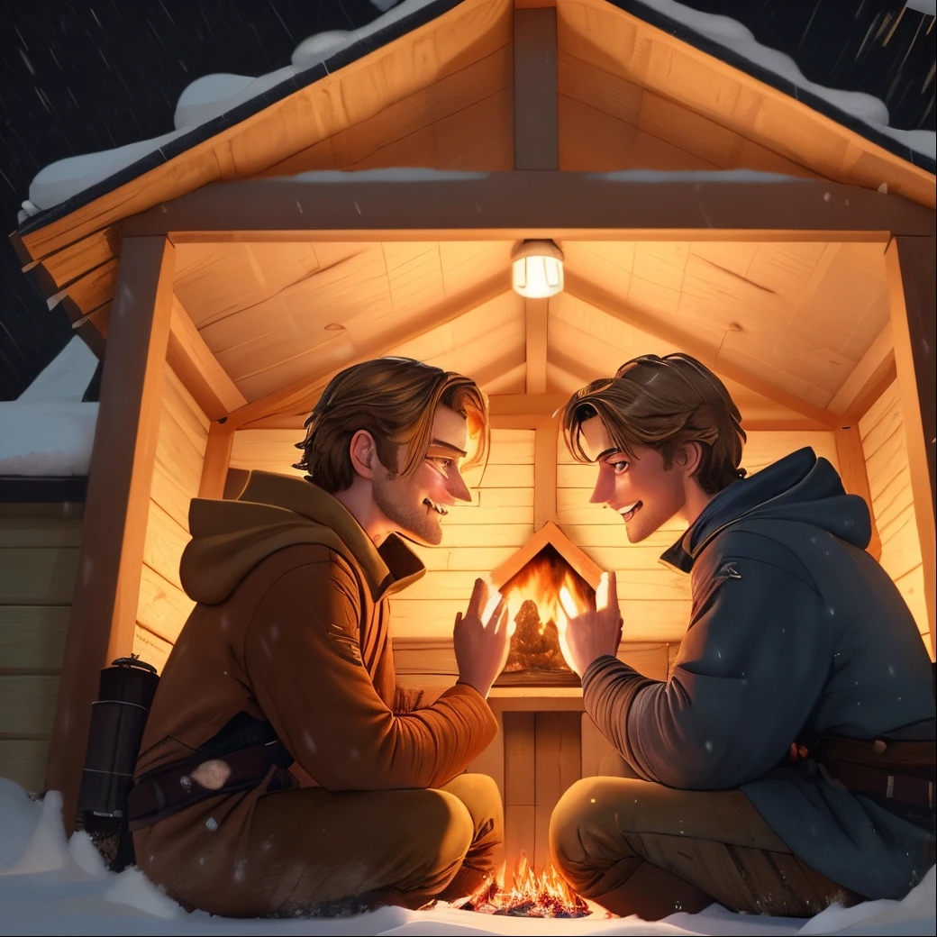 A 37-year-old man looks like Obi-Wan Kenobi and a 22-year-old boy looks like Anakin Skywalker. Both of them are looking at each other lovingly and they are in the wooden hut and it is night and the fireplace is on and it is snowing outside and they are both in each other's arms.