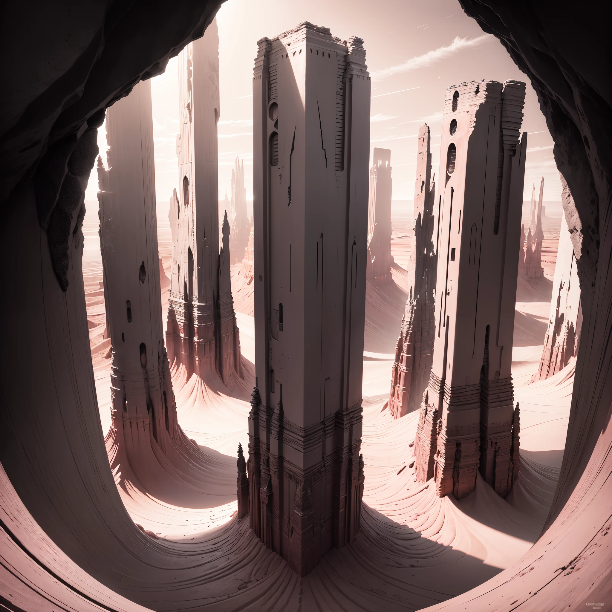monument valley,The rays of the setting sun cut through the clouds,rock formations,Mesa Bhikkhu,Towering cliffs,A desert,Endless open space,(Pink lines)，(In a monochrome artwork style that resonates with ominousness),Felicia Simin,Digital Art Technology Light black and magenta,Rolling wave black and orange - Q2 - S750 - V 5.
