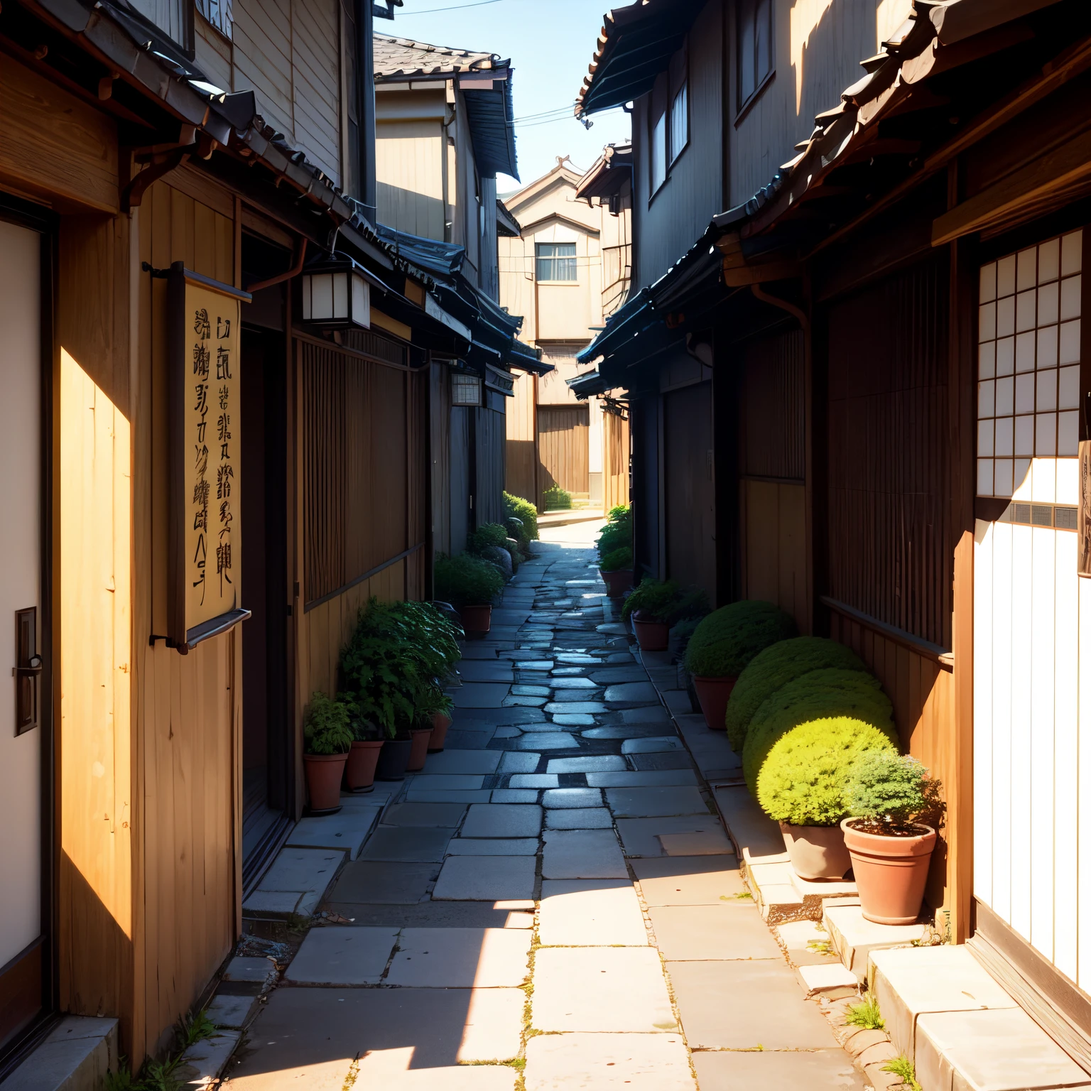high detail, anime, anime style, sparkle, cinematic lighting, god rays, glowing light, reflection light, close-up, lens flare, masterpiece, high details, best quality, super detail, high quality, anime background, anime wallpaper, sunny weather, bright blue sky, dramatic lighting, narrow japanese urban alleyway, japanese shop signs, japanese signs, japanese banners, banners, plant pots, plants, trees, grass, cobble path, trash cans
