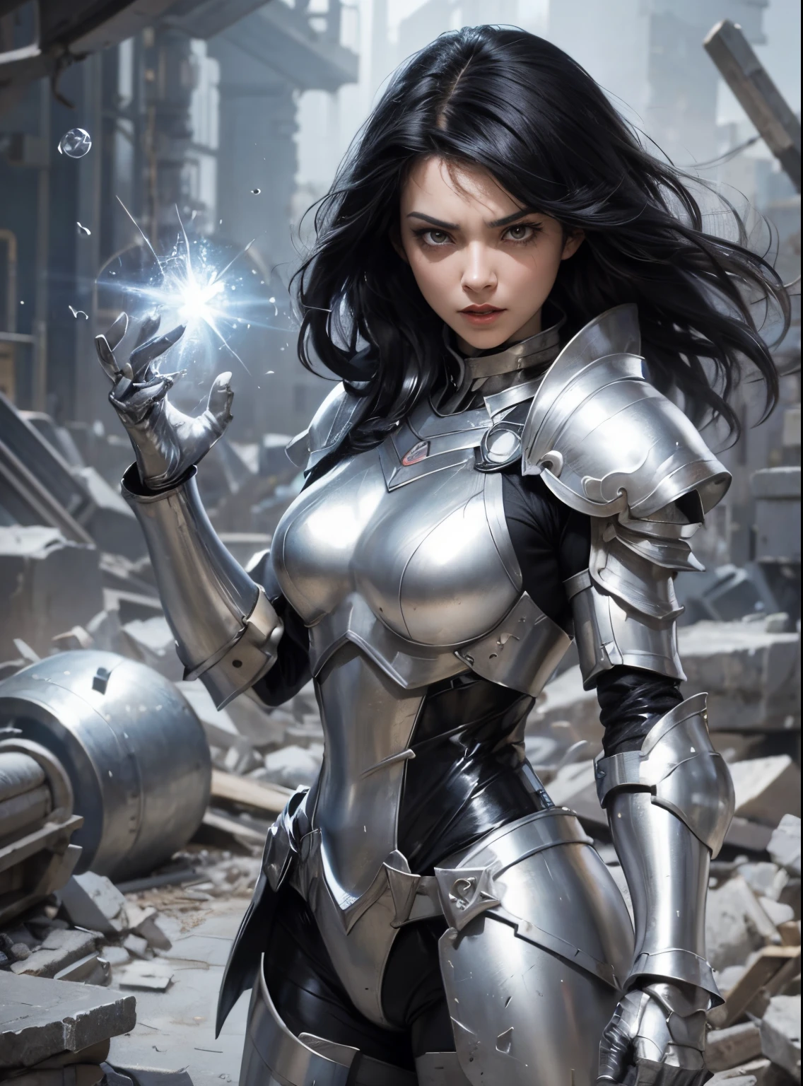 A beautiful woman is looking at the camera with her hands raised. Shining magical energy bullets were born in both hands. Black hair. black eyes. She has an angry look on her face. She wears beautiful silver-white armor. She is in a chemical research laboratory littered with rubble.