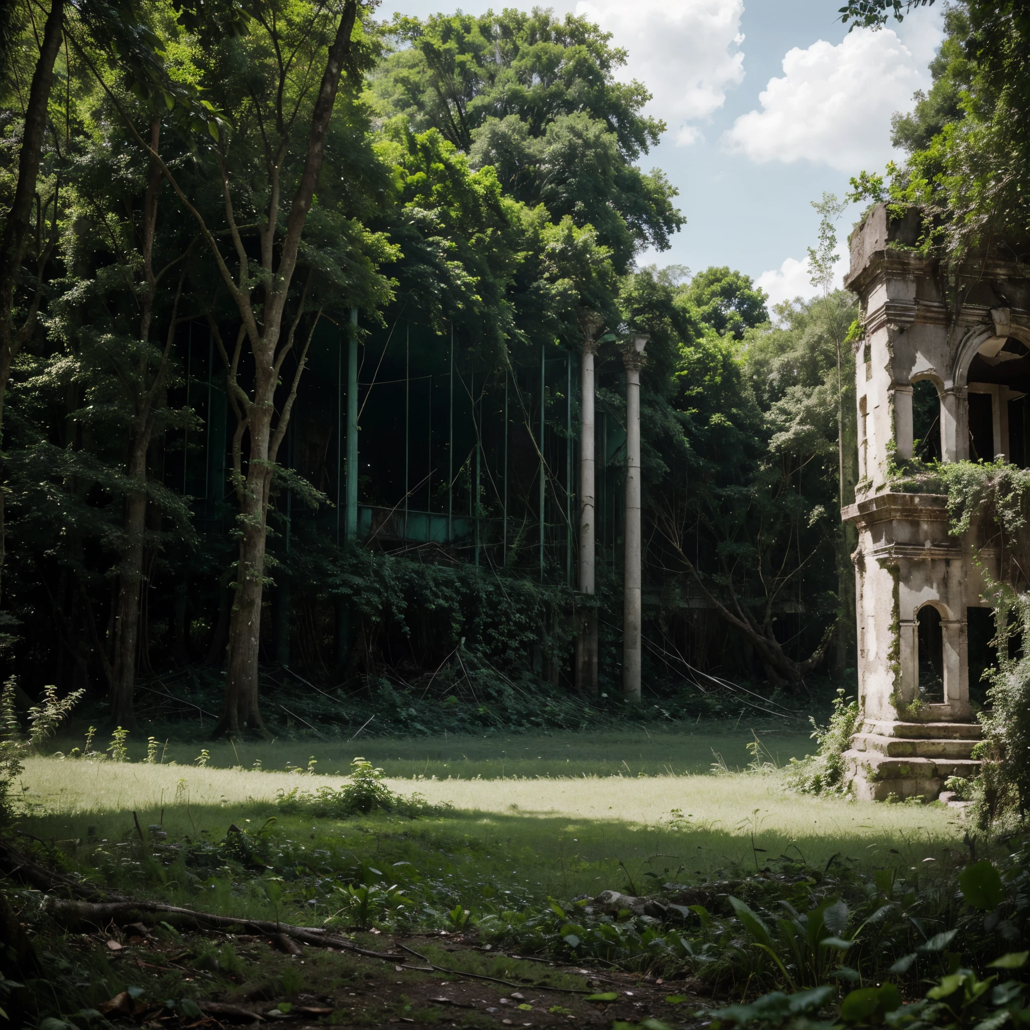 A lush, green forest, but full of ruins.

This image evokes a sense of contrast between the beauty of nature and the destruction caused by humanity. The trees and plants are growing lushly, but the remains of buildings and other human objects are scattered on the ground. This suggests that human civilization has collapsed, but nature is slowly recovering.