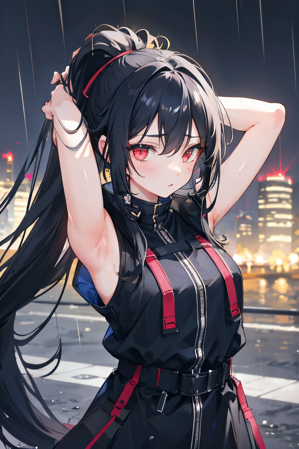 1girl,beaty girl,long hair,ponytail,blackhaiir,armpit,night city,rain,coat,hands on head