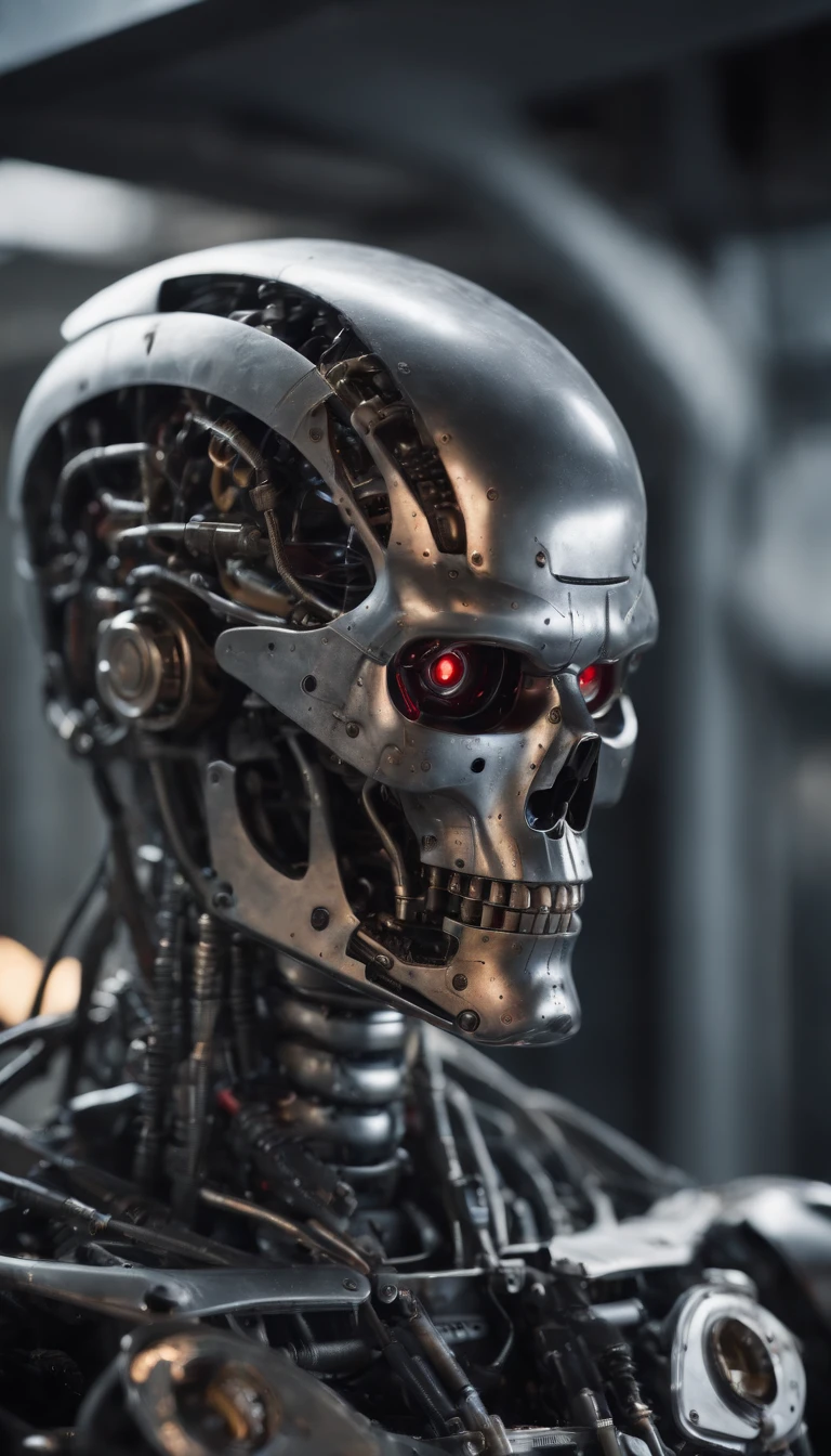 Generate a high quality image in an intricate AI Terminator made out of steel, hydraulics and computer parts, have an extensive eerie background symbolizing an aftermath of war