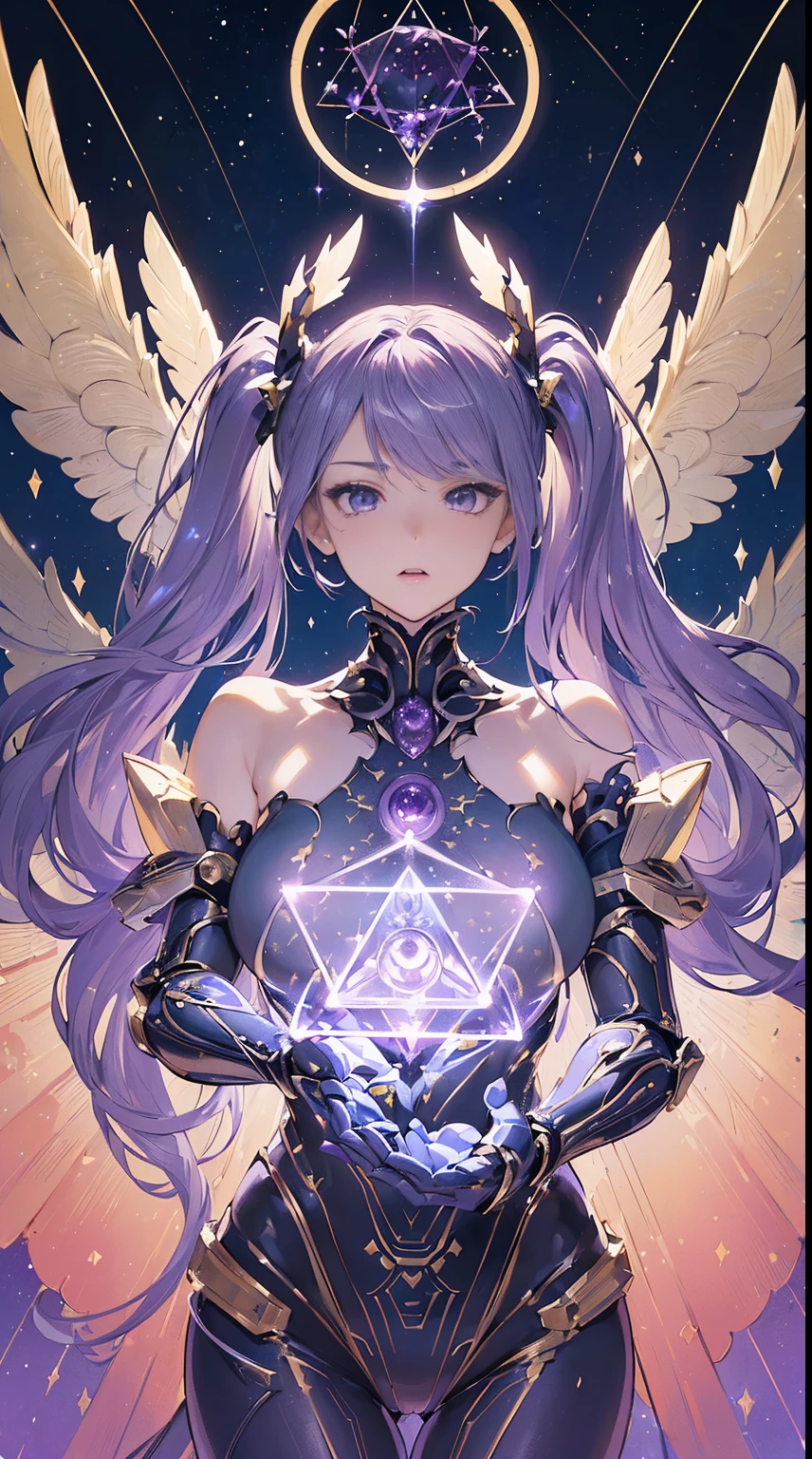 (((masterpiece))), (((highest quality))), ((ultra-detailed)), ((super fine illustration)), ((ultra-fine painting)), (upper body:1.2), Highly detailed and delicate illustration style, detailed skin texture, detailed metal texture, detailed cloth texture, extreme detailed description, (T-masterpiece), (highly detailed face), original, raw photo, professional, Intricate details, super details, intricate ornament details, perfect anatomy, (sexy), (sexy), real, ((Solo)), ((A beautiful and cool female marshal with beautiful hair and eyes dressed as a mechanical angel)) BRAKE Beautifully shaped small breasts, Beautifully shaped small buttocks, (beautiful and shiny silver hair with twintails), (Beautiful clear purple eyes), (detailed beautiful clear eyes:1.6) BRAKE ((sophisticated mechanism:1.4))Smooth and menacing design, (Highly detailed and delicate large amethyst purple Sleek symmetrical mechanical wings:1.4)), ((Highly detailed and sophisticated all-range attack weapon:1.4)), ((Highly detailed and delicate all-range attack mechanical sophisticated exoskeleton armor that shines in Rainbow-colored exclusively for marshals:1.3)) BRAKE concept-art, Detailed Science Fantasy Art, (Battle Pose), ((Highly detailed and dynamic all-range attack pose)) BRAKE (Highly detailed and delicate starry sky), (other world), no robot, (close mouth:0.95), (cute background, Geometric patterns, vivid color background:1.5), (colorful confetti:1.15)), (8K highest quality wallpaper), Highly detailed and delicate background BRAKE (NSFW) BRAKE