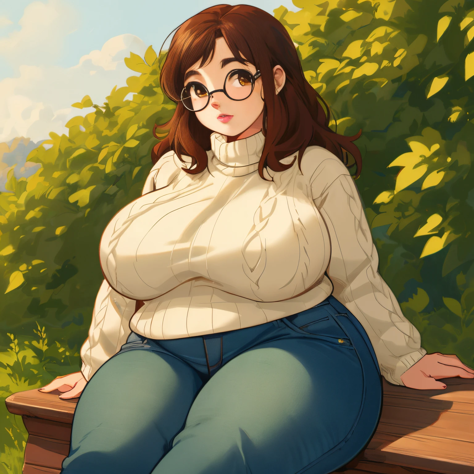 comic panel, woman, curvy plus sized figure, messy brown hair, pretty brown eyes, plump lips, round face, cozy sweater, bellbottom jeans, vintage aesthetic, earthy tones, greens and browns, round glasses