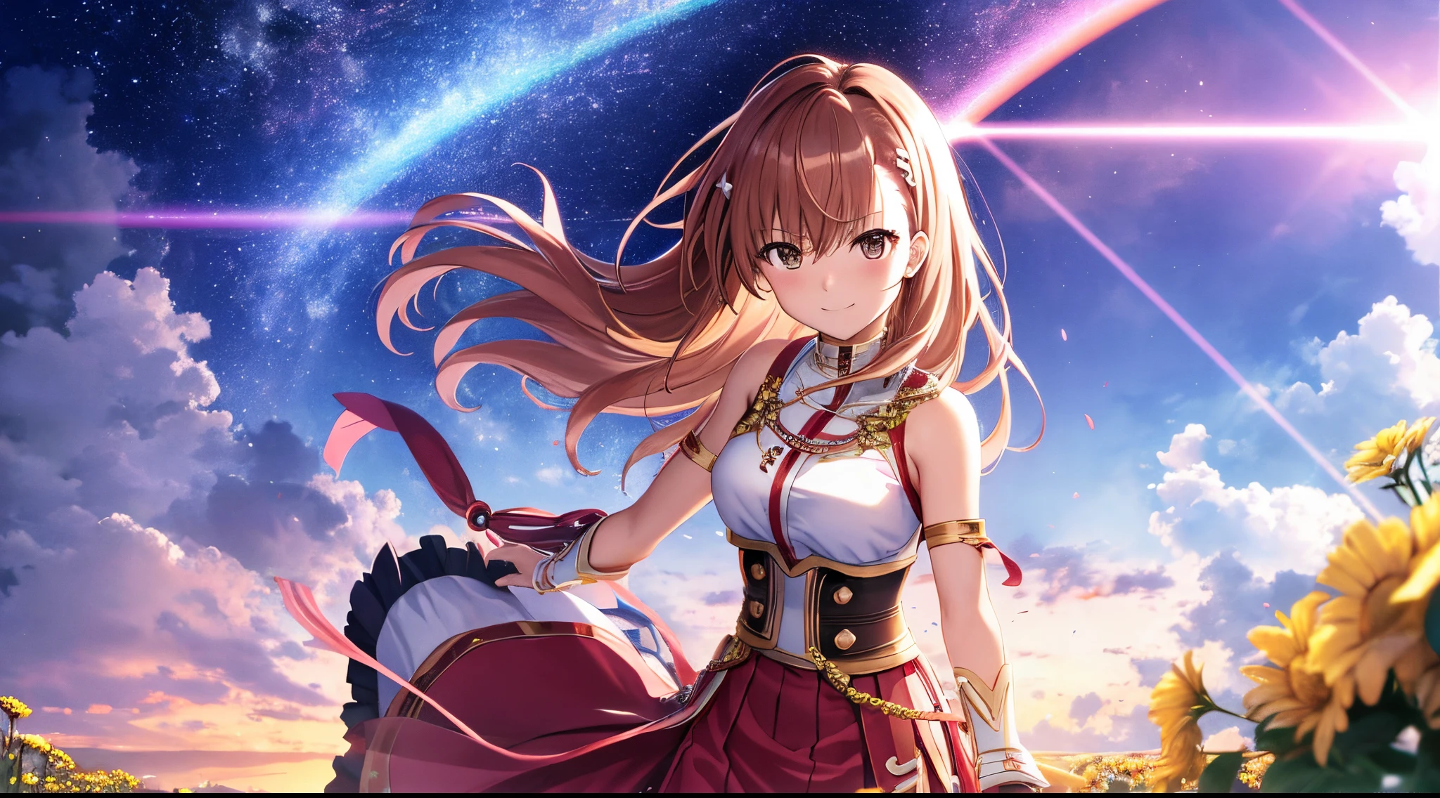 Anime view of Misaka mikoto, 1girl, kawaii, solo, chestnut hair, hairpin,brown eyes, standing, looking at viewer,smile,saint seiya armor,praying beads on neck, long skirt,flower fields in greek Acropolis waterfalls,rainbow clouds,anime style,deep depth of field,wide angle view,Lumen Reflections,Screen Space Reflections,Diffraction Grading,Chromatic Aberration,GB Displacement,Scan Lines,Ray Traced,Anti-Aliasing,FXAA,TXAA,RTX,SSAO,Shaders,OpenGL-Shaders,GLSL-Shaders,Post Processing,Post-Production,cell Shading,Tone Mapping,CGI,VFX,SFX,insanely detailed and intricate, 4K