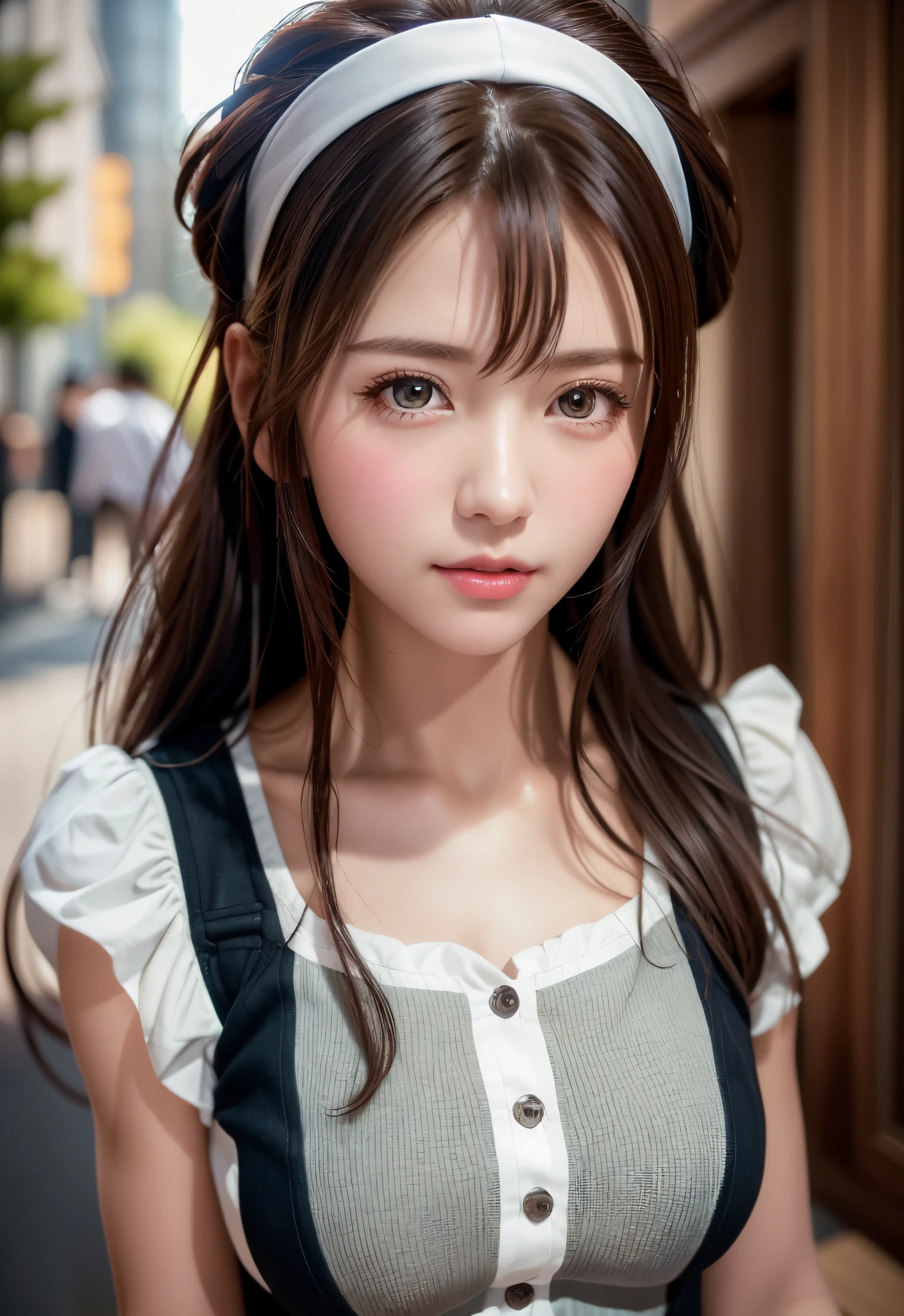 8K, of the highest quality, masutepiece:1.2), (Realistic, Photorealsitic:1.37), of the highest quality, masutepiece, Beautiful young woman, Pensive expression,、A charming、and an inviting look, Cute Maid Clothes, Hair tied back, Cinematic background, Light skin tone