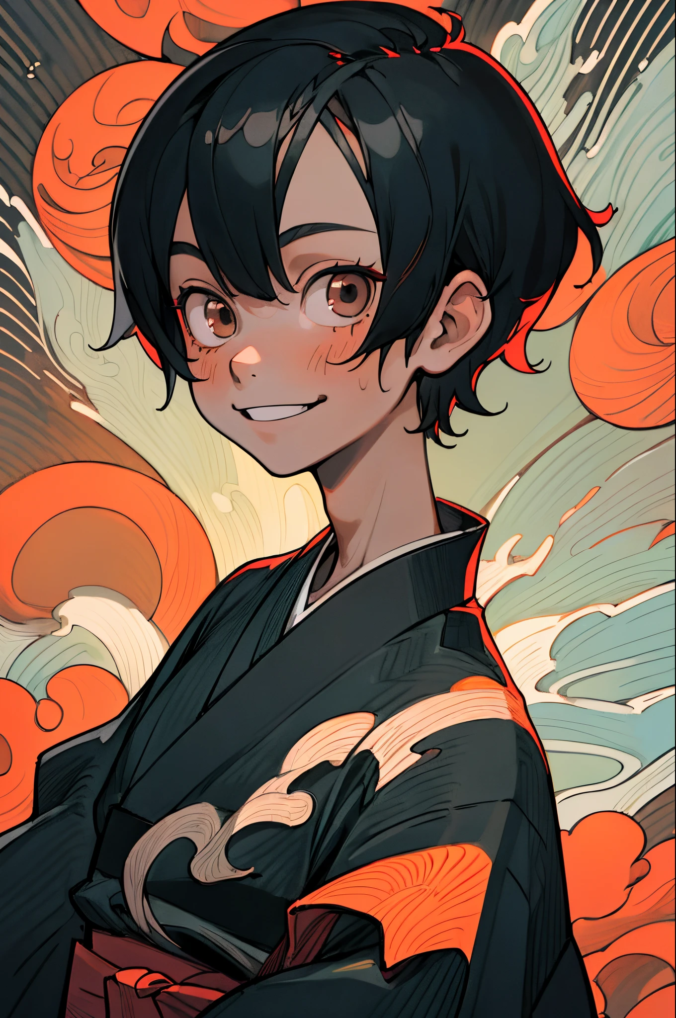 (Best Quality, masutepiece), (1boy, 1girl in, Face-to-face:1.1), Smile, Upper body, A dark-haired、kimono