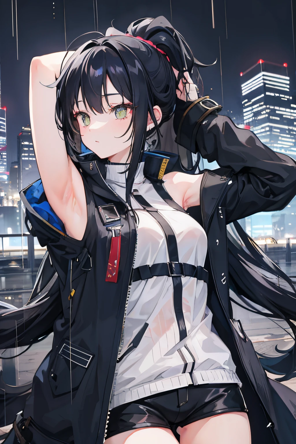 1girl,beaty girl,long hair,ponytail,blackhaiir,armpit,night city,rain,coat,hands on head