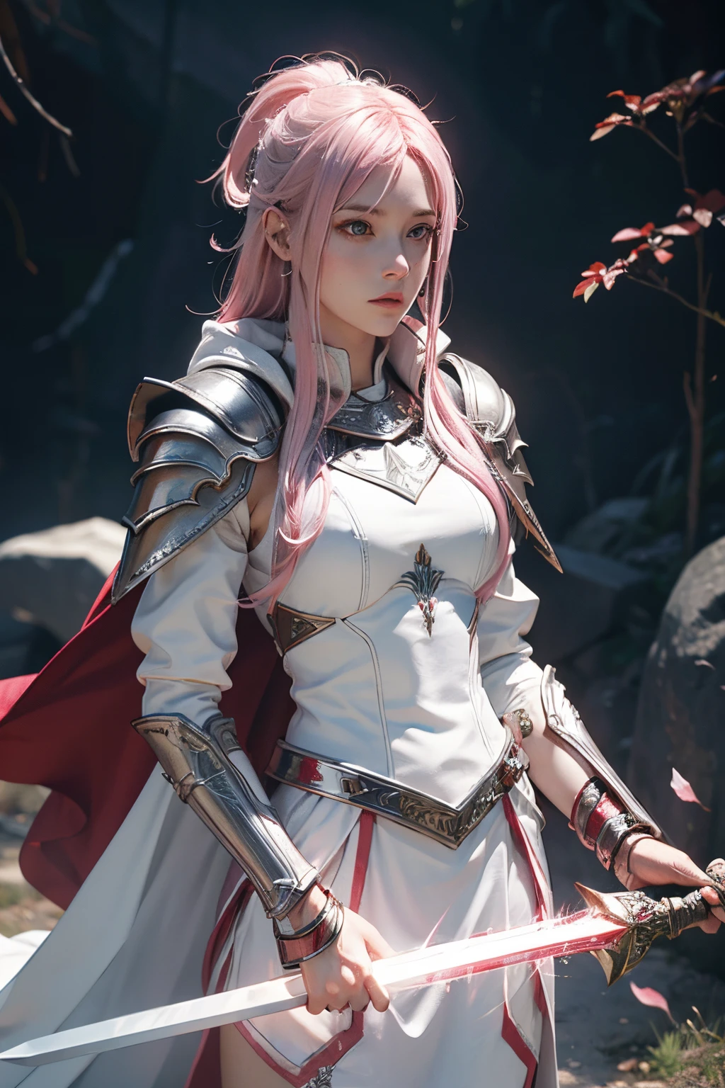 White female warrior Pink hair, white armor with silver. Red cloak, long sword, light falling on the reflective armor.
