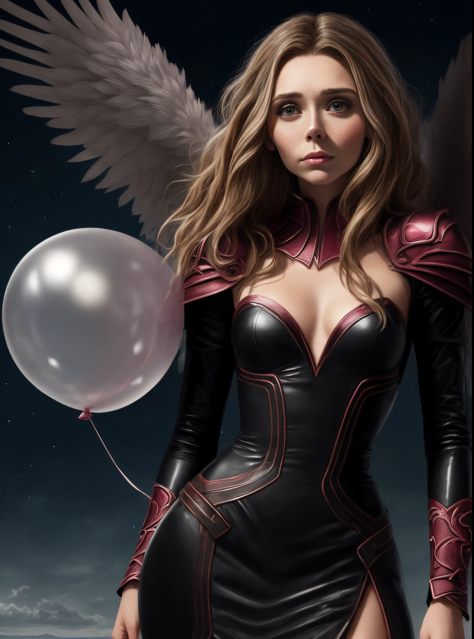 Una hermosa mujer con vestido latex rosa, (Marina Ruy Barbosa: Elizabeth Olsen: 1.2), Recargado, Detalles intrincados, Cute Dark Angel, Cara hermosa, hyperrealistic fantasy art, digital ilustration, globos a su alrededor, Escena de la luna, Perfect Anatomia, Foto de estudio, Color intenso, Sensual, fantasy, vibrant lighting, texturas realistas, Cara hermosa, hermosos ojos, Detalles finos, Detalles intrincados, cuerpo completo, hiperrealista, brillo, Figura completa, Supermodelo, ((cuerpo completo: 1.6)), (obra-prima: 1.5), (mejor calidad), (fotorrealista:1.6), 8k, (Textura detallada de la piel), Textura detallada de la tela, Hermosa cara detallada, Detalles intrincados, (Ultra detallado: 1.6)