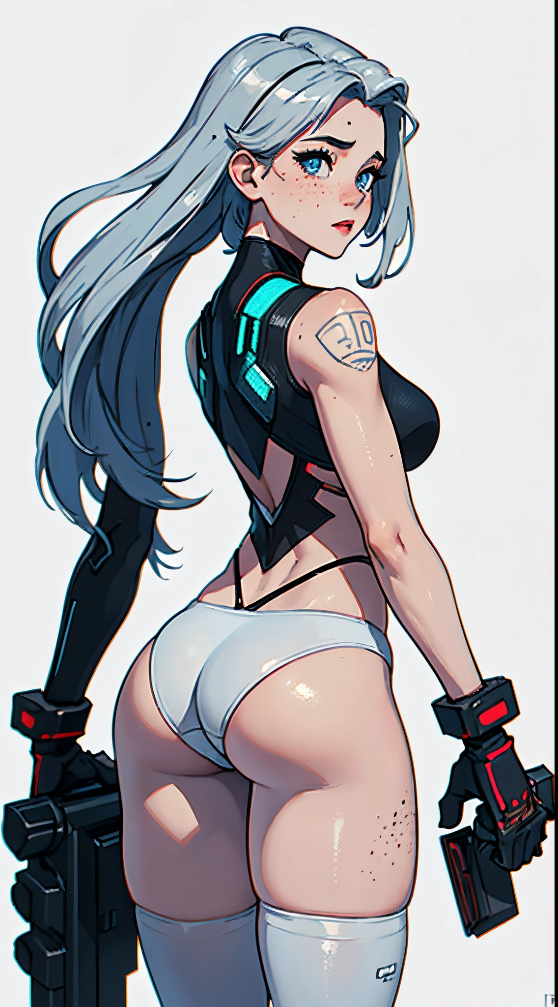 (((Young White Woman))), ((Best Quality)), ((Masterpiece)), (Detail: 1.4), 3D, A Beautiful Cyberpunk Woman with Simon Bisley-style micro thong, Genesis evangelion neon style clothing, 2-piece clothing, Long silver hair, arm tatoo, cybernetic hands, pastel, Centered, scale to fit the dimensions, nffsw (High dynamic range),Ray tracing,NVIDIA RTX,Hyper-Resolution,Unreal 5,Subsurface Dispersion, PBR Texture, Post-processing, Anisotropy Filtering, depth of fields, Maximum clarity and sharpness, Multilayer textures, Albedo and specular maps, Surface Shading, accurate simulation of light and material interactions, Perfect proportions, Octane Render, Two-tone lighting, Wide aperture, Low ISO, White Balance, thirds rule, 8K Raw, Crysisnanosuit,loraeyes,nijistyle,pantyhose, freckles, nsfw, sexual pose ,High detailed, 300dpi, pornstar, ((((white background))), (((sexy pose flirty))), (((from behind view))), Blue eyes