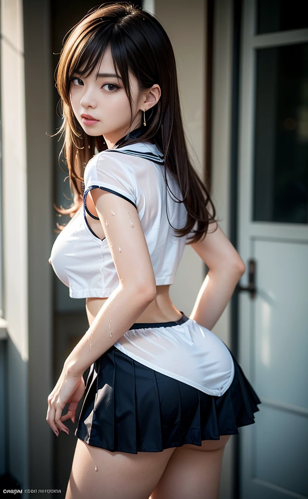 Shot alone)、((((-yeld beiful girl))))Perfect Style、an anime girl、beautiful anime woman、Anime girl cosplay、Adorable anime girl、Beautiful anime girl、beautifull asian girl ever、Perfect girl、goddess of Japan 、Surreal anime、best qualtiy、masterpiece、illustratio、extremely delicate and beautiful、ighly detailed、 nffsw, 8k wallpaper, magnifica, Attention to detail, masterpiece, top-quality, art by, AJC 8k wallpapers are very detailed, huge filesize, ultra-detailliert, hight resolution, The ultra -The high-definition, ighly detailed, beautiful girl details, Eyes and face very detailed, beatiful detailed eyes, (Raw photography、top-quality), (realisitic, photorealisim:1.3),, Light on the Face, (brown haired: 1.3), chubby breasts, Loose beautiful hair、(Swollen eyes)、(K-pop idols))、(enticing)、bangss、(Seduction poses)))、Dark eyeliner、long eyeslashes、erotick、fringe、small earring、Small necklace、((narrow her eyes))、((Wet and sheer sailor suit)),(((pleatedskirt)))、(Sweaty white skin)、appealing breasts、(fascinating butt)、seductiv、sexual、It's wet、Very clean skin、long and beautiful legs、(Photorealsitic: 1.4), Nice detailed eyes, heavy eye makeup,(Show your legs)、(looking through legs),((Solo / Solo Focus)),beauty legs,(17 age),( School Girl Beautiful Girl)))、wide-hips、Colossal tits
