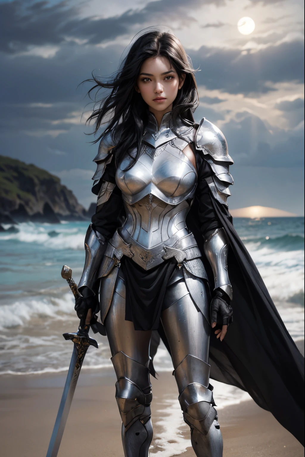 Upper body close-up image.A beautiful silver-white woman wearing full body armor. Black hair. black eyes. He has a good-looking face. She is standing on the beach, the moonlight shining on her. She is holding a long sword towards the camera.