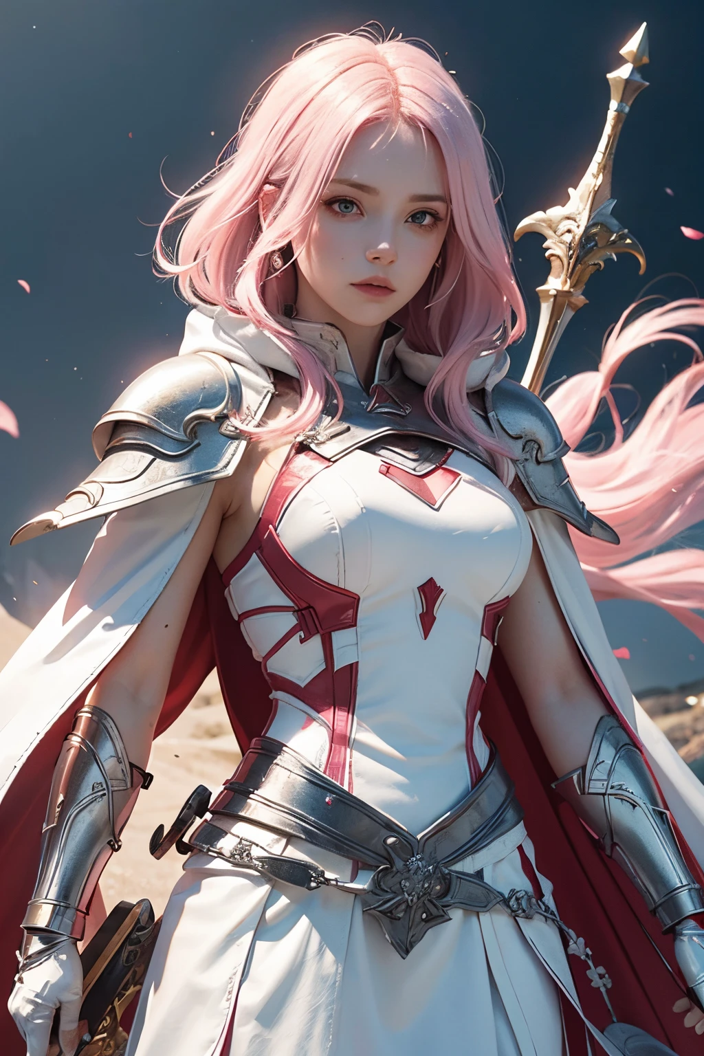 White female warrior Pink hair, white armor with silver. Red cloak, long sword, light falling on the reflective armor.