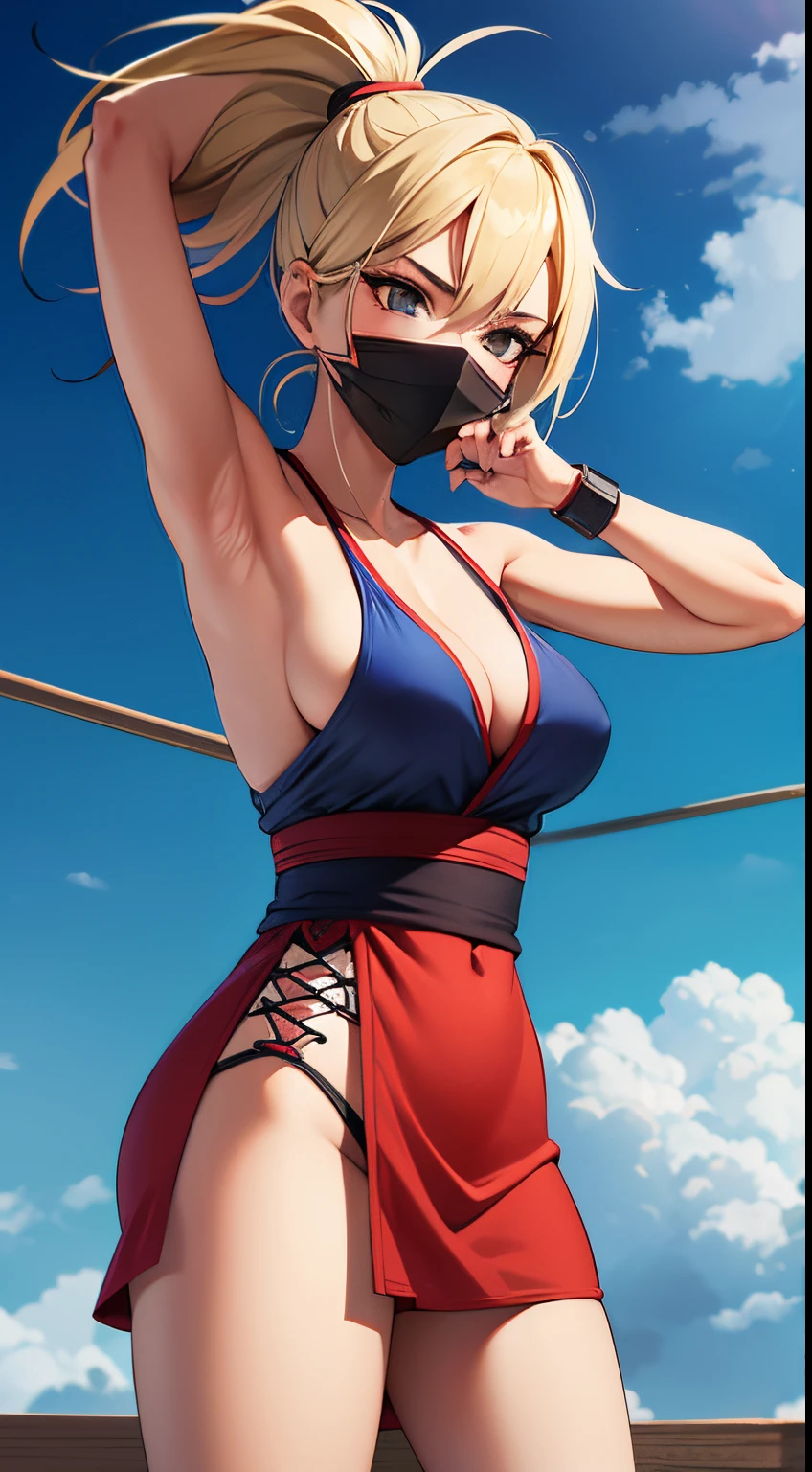 estilo anime, dojo ninja na montanha, Nuvens ao redor, brazi, ninja feminino, WMASK, longos cabelos blonde em movimento, vestido decotado sexy white ninja, lingerie vermelha aparecendo, treinamento em espadas ninja