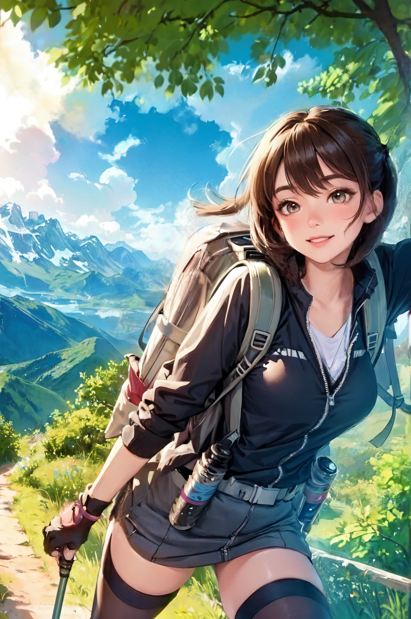 1lady solo, trekking, /(stylish hiking wear/), mature female, /(brown hair/) bangs, blush kind smile, (masterpiece best quality:1.3) delicate illustration ultra-detailed, large breasts BREAK /(carrying a backpack/), /(holding a trekking pole/) BREAK /(mountain trail/) outdoors, detailed background