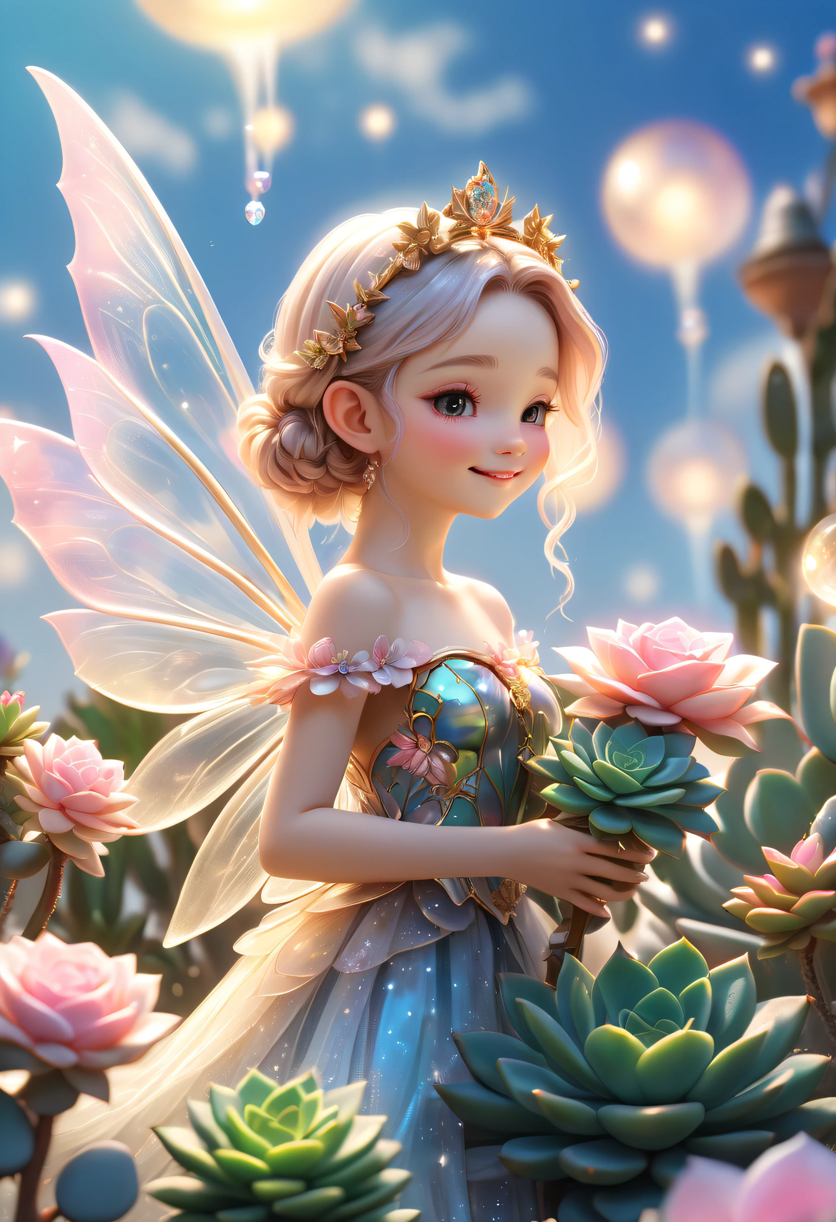 Close-up of succulents，Beautiful transparent succulent fairy , Transparent colorful wings, The wand fluttered in the wind､The wand flashed with starlight，Golden wand，Beautiful blue sky and white clouds、Girls have transparent wings､smile kindly､Beautiful succulents garden background､Gentle and transparent，Anatomical correct, delicate patterns，Pink rose space, gentlesoftlighting, ( bokeh)，tmasterpiece, ultra - detailed, Epic work, Best quality, 8K，Epic Romantic Fantasy Digital Art，Epic fairy tale fantasy digital art，Myths and Fantasy，UHD resolution，Detailed detail drawing，realistically，Very realistic，电影灯光,an award winning photograph,Lots of colors，surreal texture，dramatic lights