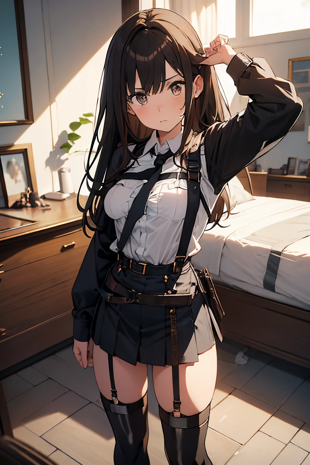 masterpiece、flat-colors、depth of fields、lens flare 1 girl、、Brown hair、watching at viewers black suspenders Bulging big breasts walls: Black miniskirt garters Gaze Small face bangss holster Belt Armament Beautuful Women srestrained hands up Lying in bed Leg holster lying on the bed Gaze Black boots