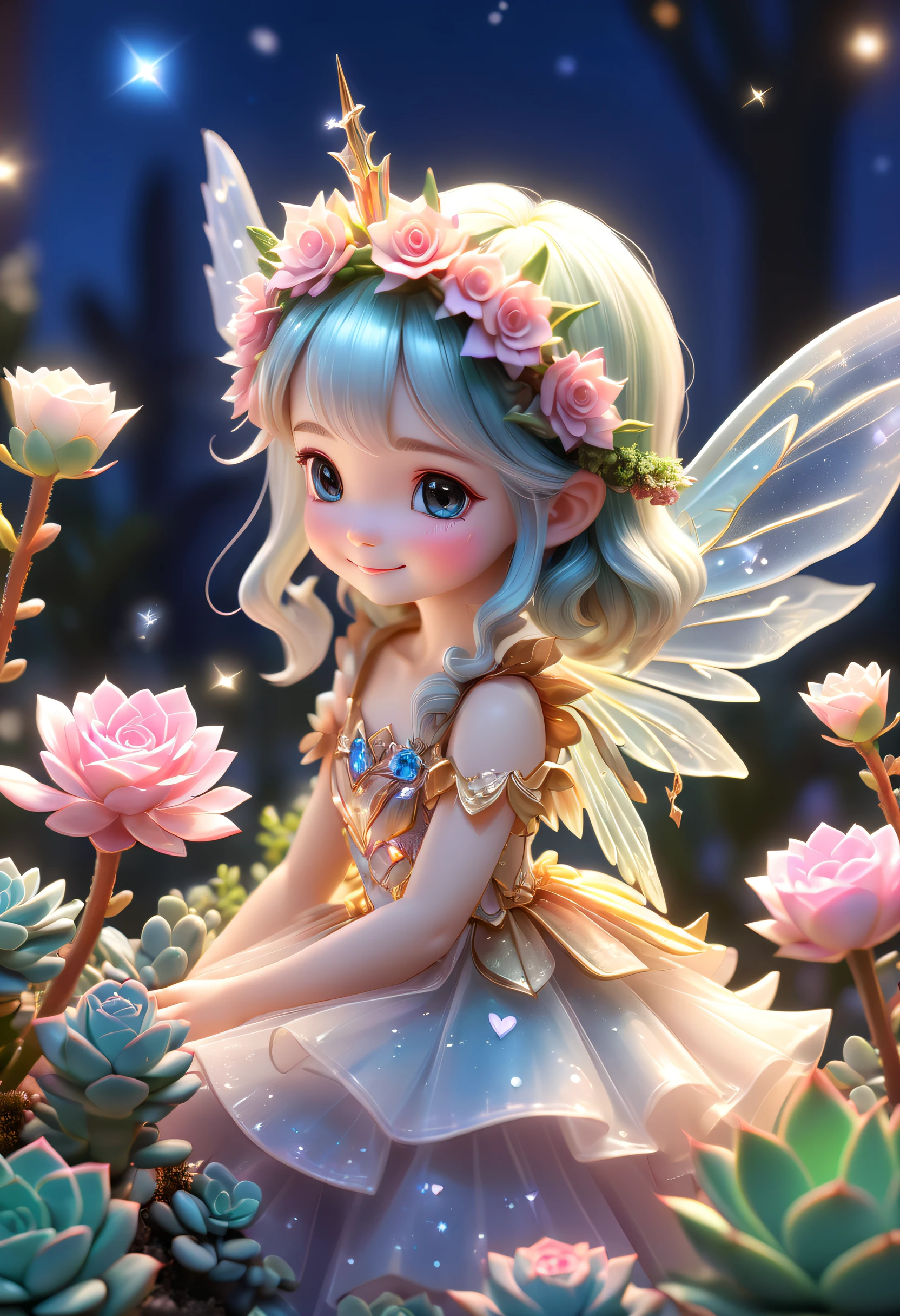 Close-up of succulents,Beautiful transparent succulent fairy , Transparent colorful wings, The wand fluttered in the wind、The wand flashed with starlight,Golden wand,Beautiful blue sky and white clouds、Girls have transparent wings、smile kindly、Beautiful succulents garden background、Gentle and transparent,Anatomical correct, delicate patterns,Pink rose space, gentlesoftlighting, ( bokeh),tmasterpiece, ultra - detailed, Epic work, Best quality, 8K,Epic Romantic Fantasy Digital Art,Epic fairy tale fantasy digital art,Myths and Fantasy,UHD resolution,Detailed detail drawing,realistically,Very realistic,电影灯光,an award winning photograph,Lots of colors,surreal texture,dramatic lights