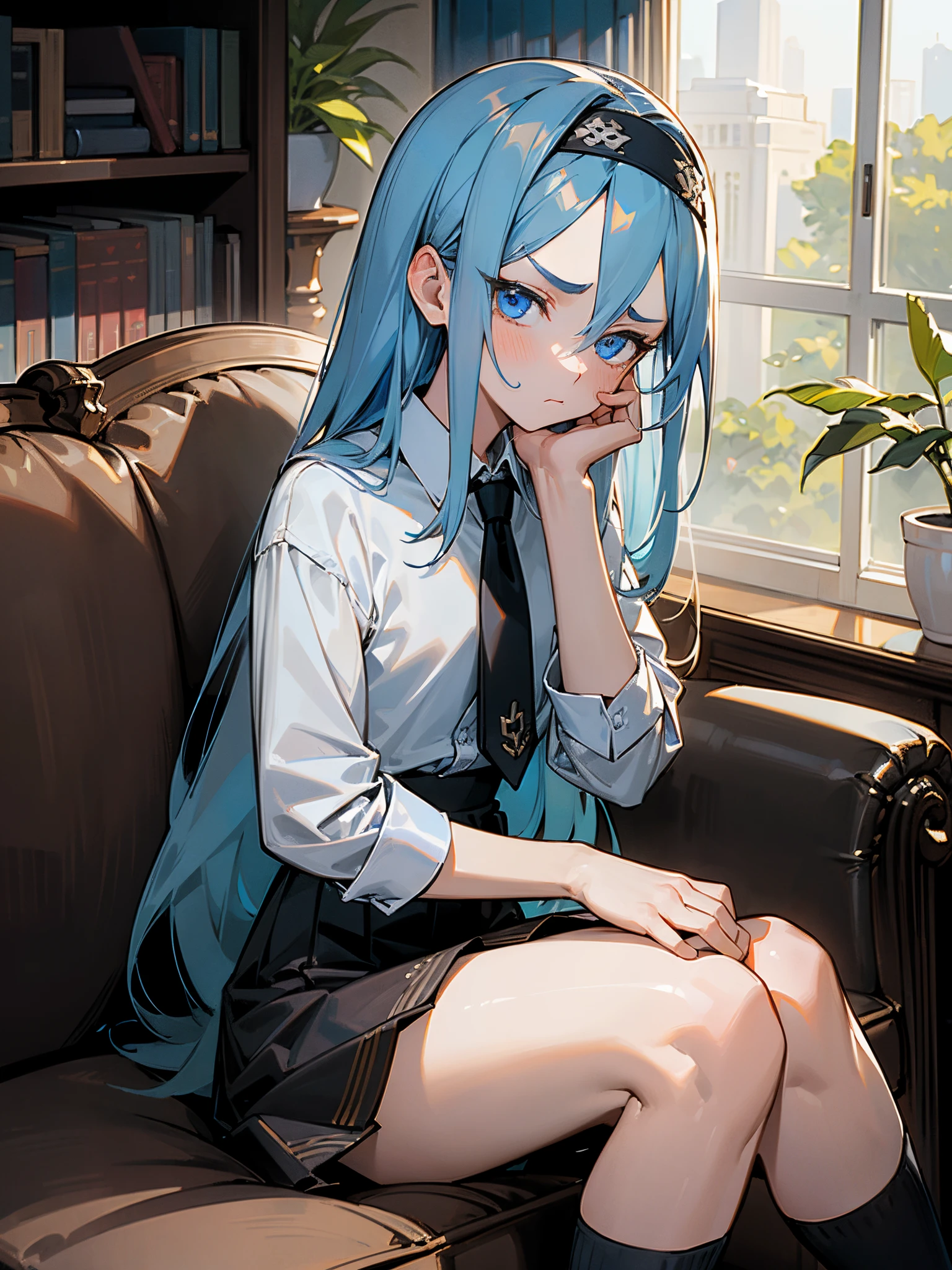 (masterpiece, sidelighting, finely detailed deep blue eyes: 1.2), ((best quality)), ((masterpiece)), (highly detailed:1.3), anime, young girl, small chest, highlighted blue hair, long hair, hair between eyes, (black headband with white patterns), big forehead, white office shirt, black tie, long black skirt, black socks, loafers, ((literally white skin)), (indifferent face expression, emotionless), sitting on sofa, surrounded by books, solo, 1girl,