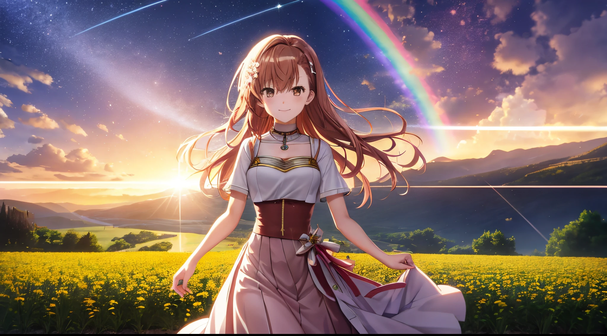 Anime view of Misaka mikoto, 1girl, kawaii, solo, chestnut hair, hairpin,brown eyes, standing, looking at viewer,smile,greek goddess ethereal armor,praying beads on neck, long skirt,flower fields in greek Acropolis waterfalls,rainbow clouds,anime style,deep depth of field,wide angle view,Lumen Reflections,Screen Space Reflections,Diffraction Grading,Chromatic Aberration,GB Displacement,Scan Lines,Ray Traced,Anti-Aliasing,FXAA,TXAA,RTX,SSAO,Shaders,OpenGL-Shaders,GLSL-Shaders,Post Processing,Post-Production,cell Shading,Tone Mapping,CGI,VFX,SFX,insanely detailed and intricate, 4K