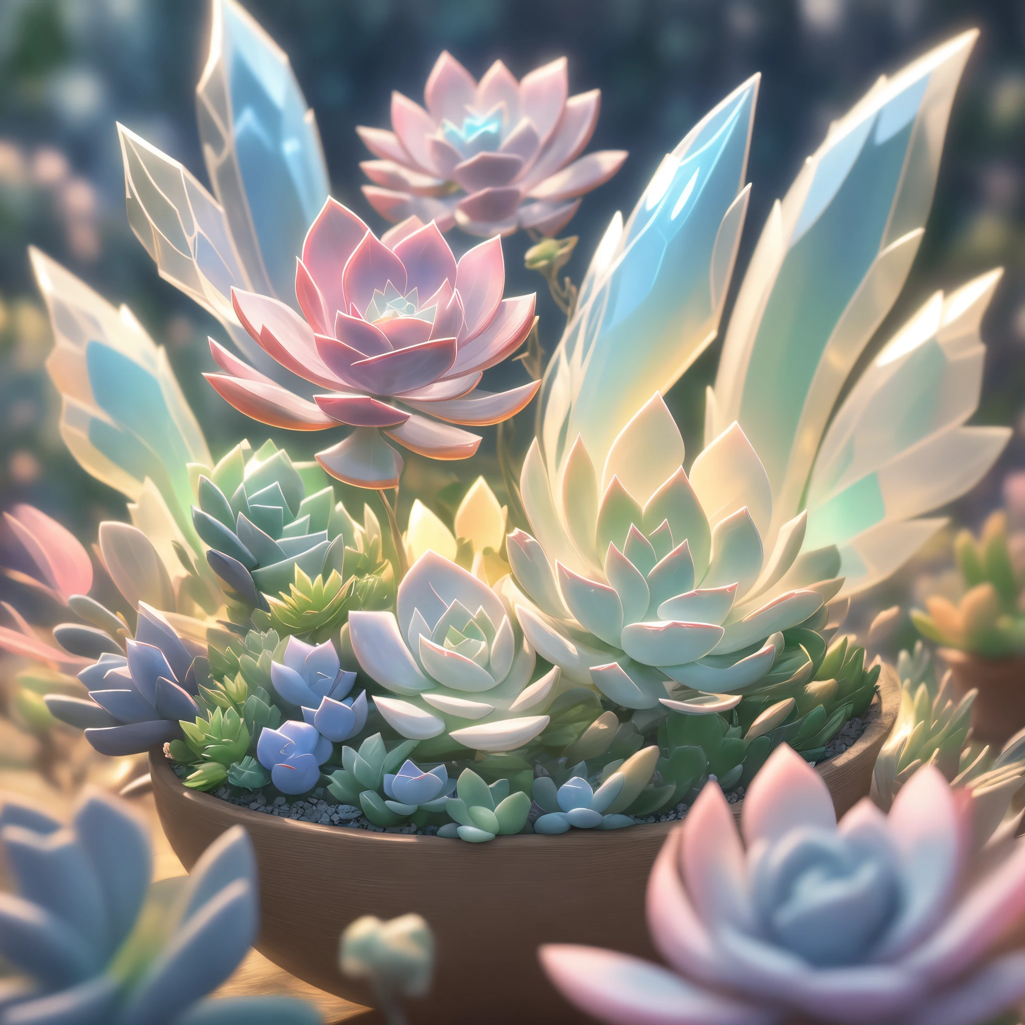 (Close-up of succulents:1.2),Beautiful transparent succulent fairy baby, Transparent colorful wings, The wand fluttered in the wind､The wand flashed with starlight，Golden wand，Beautiful blue sky and white clouds、Girls have transparent wings､smile kindly､Beautiful succulents garden background､Gentle and transparent，Anatomical correct, delicate patterns，Pink rose space, gentlesoftlighting, ( bokeh)，tmasterpiece, ultra - detailed, Epic work, Best quality, 8K，Epic Romantic Fantasy Digital Art，Epic fairy tale fantasy digital art，Myths and Fantasy，UHD resolution，Detailed detail drawing，realistically，Very realistic，电影灯光,an award winning photograph,Lots of colors，surreal texture，dramatic lights