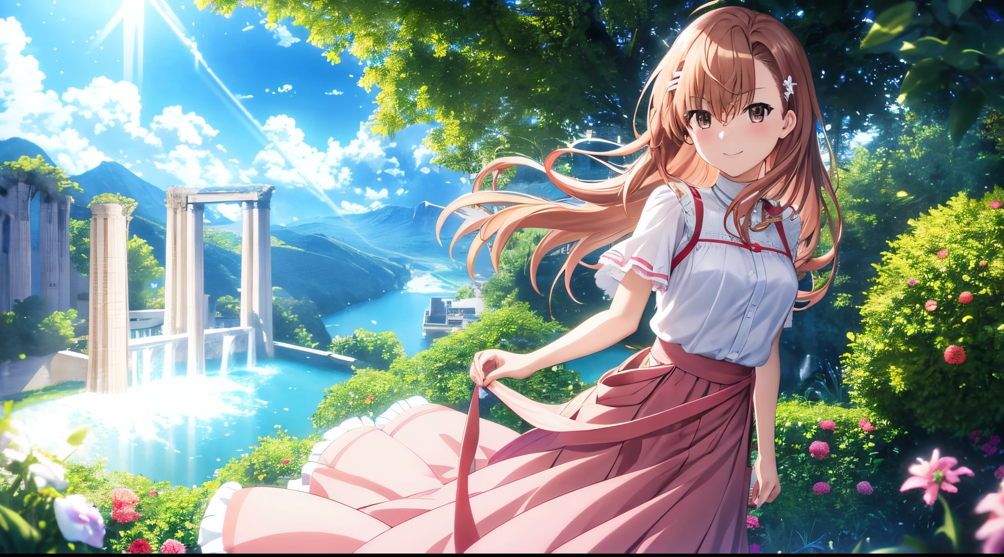 Anime view of Misaka mikoto, 1girl, kawaii, solo, chestnut hair, hairpin,brown eyes, standing, looking at viewer,smile,greek goddess ethereal armor,praying beads on neck, long skirt,flower fields in greek Acropolis waterfalls,rainbow clouds,anime style,deep depth of field,wide angle view,Lumen Reflections,Screen Space Reflections,Diffraction Grading,Chromatic Aberration,GB Displacement,Scan Lines,Ray Traced,Anti-Aliasing,FXAA,TXAA,RTX,SSAO,Shaders,OpenGL-Shaders,GLSL-Shaders,Post Processing,Post-Production,cell Shading,Tone Mapping,CGI,VFX,SFX,insanely detailed and intricate, 4K