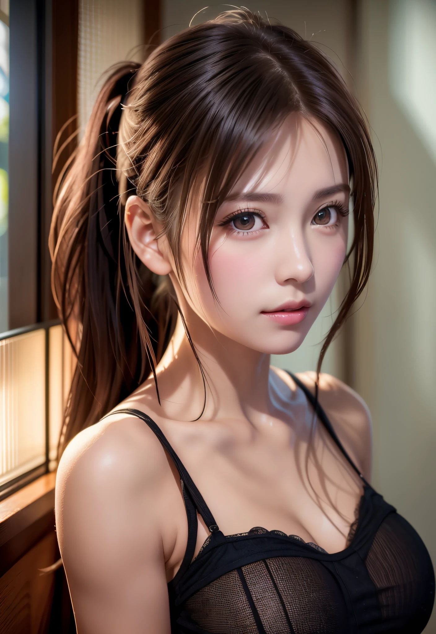 8K, of the highest quality, masutepiece:1.2), (Realistic, Photorealsitic:1.37), of the highest quality, masutepiece, Beautiful young woman, Pensive expression, Gentle eyes, sexy camisole、Hair tied back, Messy mood, Cinematic background,  Light skin tone