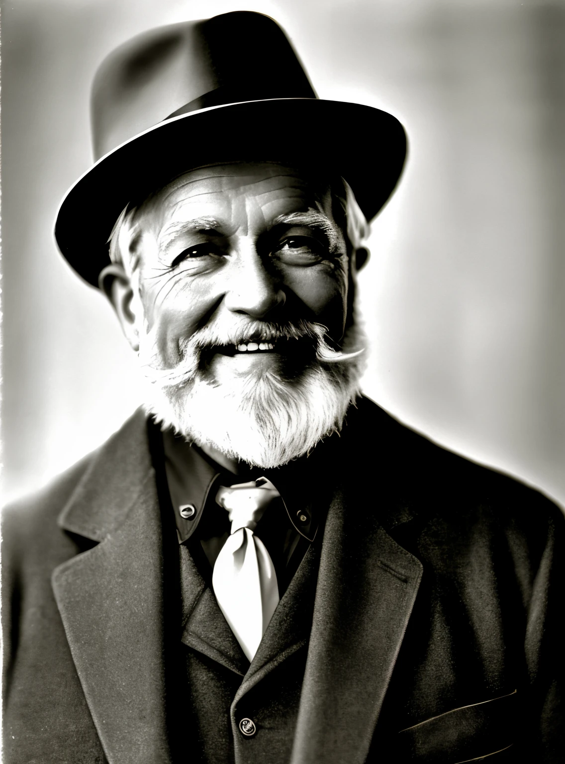 1920s Appalachia mountain man, old, beard, smiling, new dentures, black and white photo.