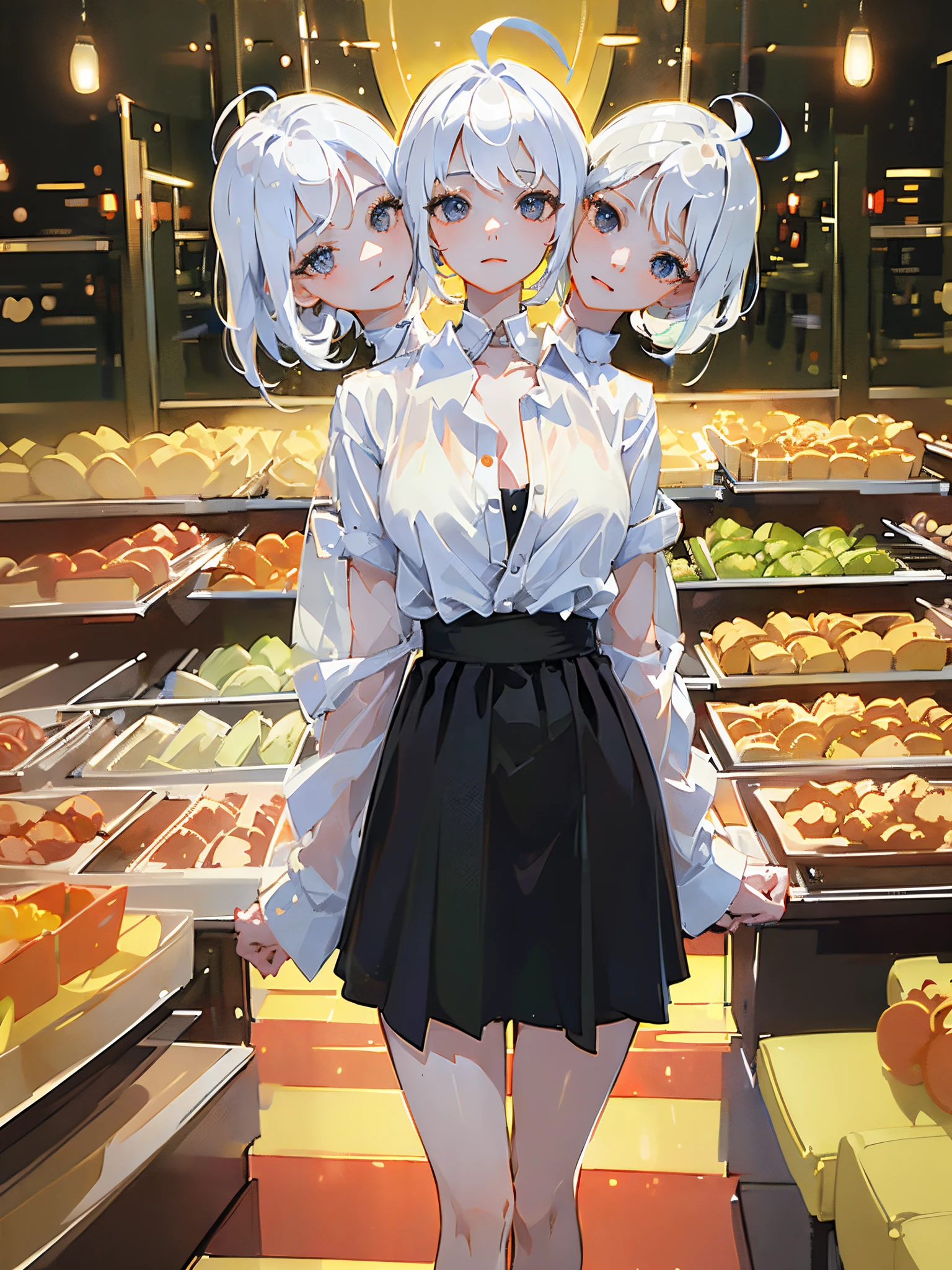 (3heads:1.5), ((masterpiece, best quality)), (1girl), (solo), (female focus), (ahoge, white hair, short hair), black eyes, ((white shirt), (buttoned shirt)), ((black skirt), (short skirt)), standing, white background, arms behind back,