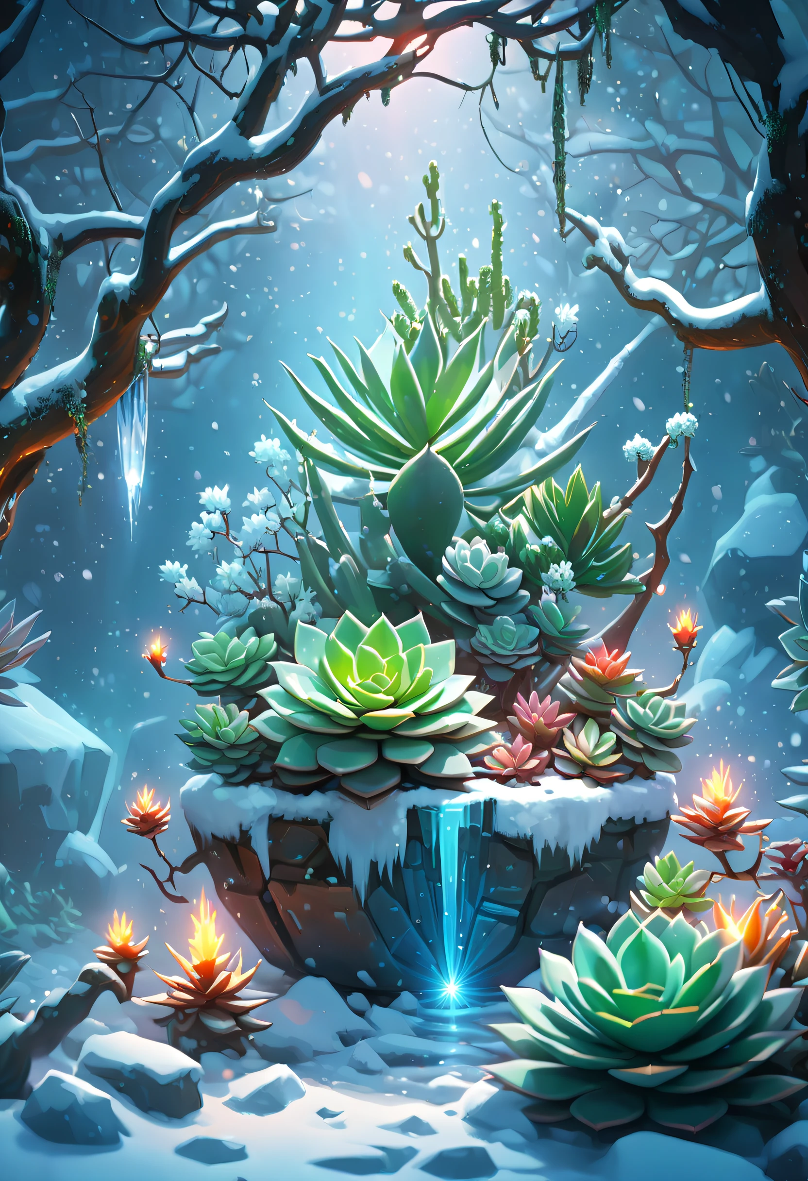 tmasterpiece,Best quality at best,high high quality,The content is very detailed,8K,(Close-up of succulents:1.5),Fantastic snow and ice jungle,ice witch,Colorful ice magic,Glowing Elves,Natural elements in the forest theme,Colorful snow and ice jungle,Epic fantasy art style,Delicate leaves and branches are surrounded by fireflies(nature elements),(Jungle theme),(leafs),(tree branch),(glowworm),(particle effect)and other 3D, Octagon rendering,Ray traching,Super meticulous,Depicting the harmony between man and nature