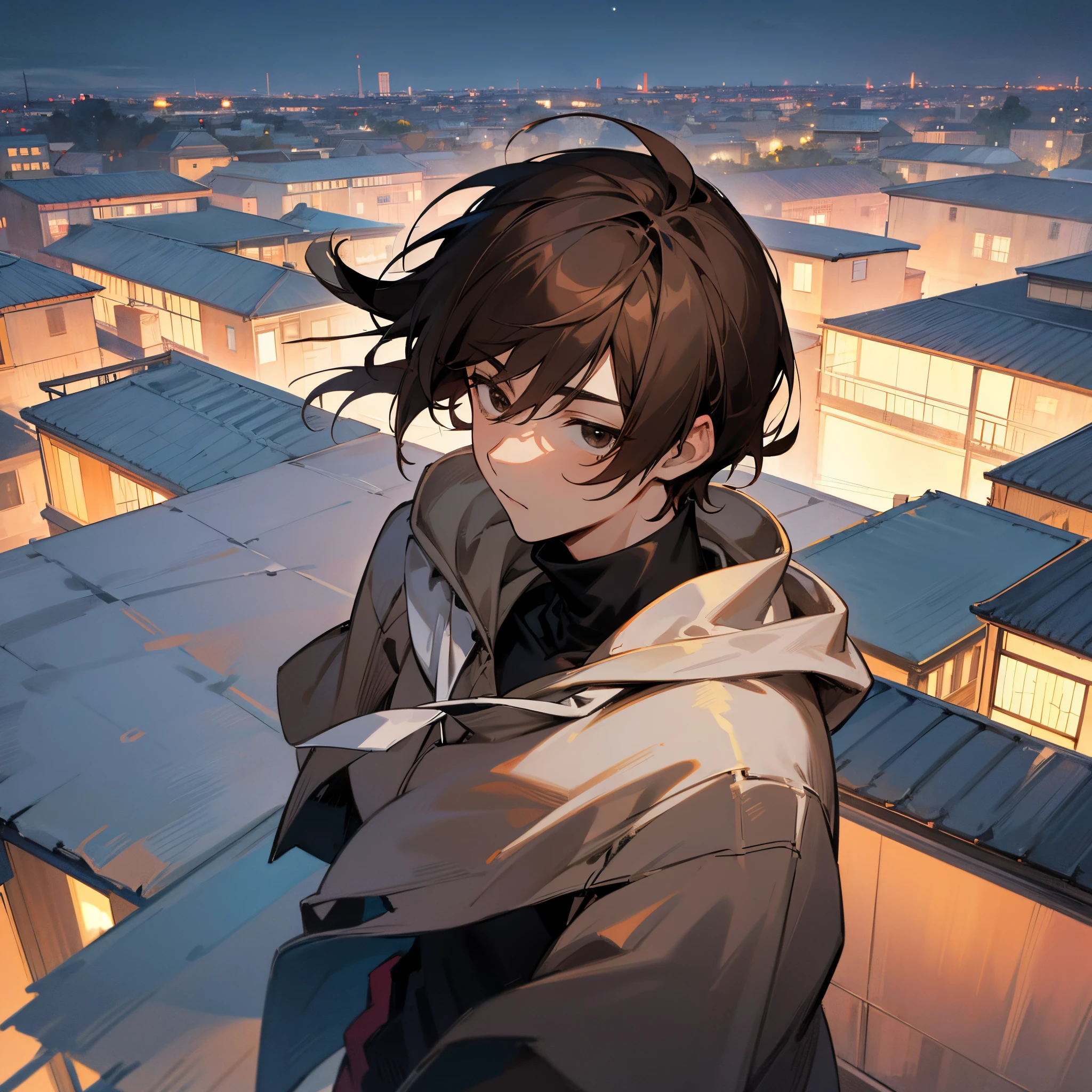 anime, young man, standing on roof, nightscape, cold breathe, portrait, casual clothes, hoodie, black turtleneck, bust up, brown hair, black eyes,
