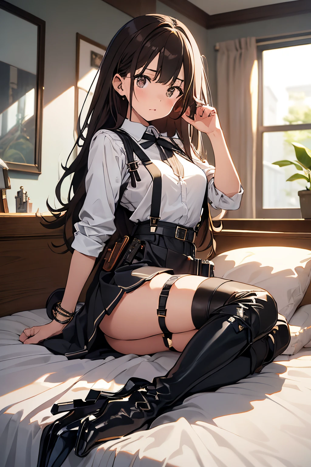 ​masterpiece、flat-colors、depth of fields、lens flare 1 girl、、Brown hair、watching at viewers　　　black suspenders　　　Bulging big breasts　　 　 　　　walls: 　Black miniskirt　garters　　　　　　Gaze　　　Small face　bangss 　　　holster　　Belt Armament　Beautuful Women　srestrained　hands up　Lying in bed　Leg holster lying on the bed　　Gaze 　Black boots